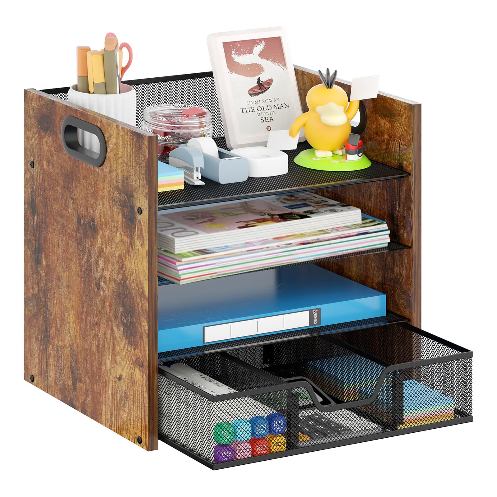 Boershun Wood Desk Organizer - 4-Tier, Desktop File Holder with Drawer
