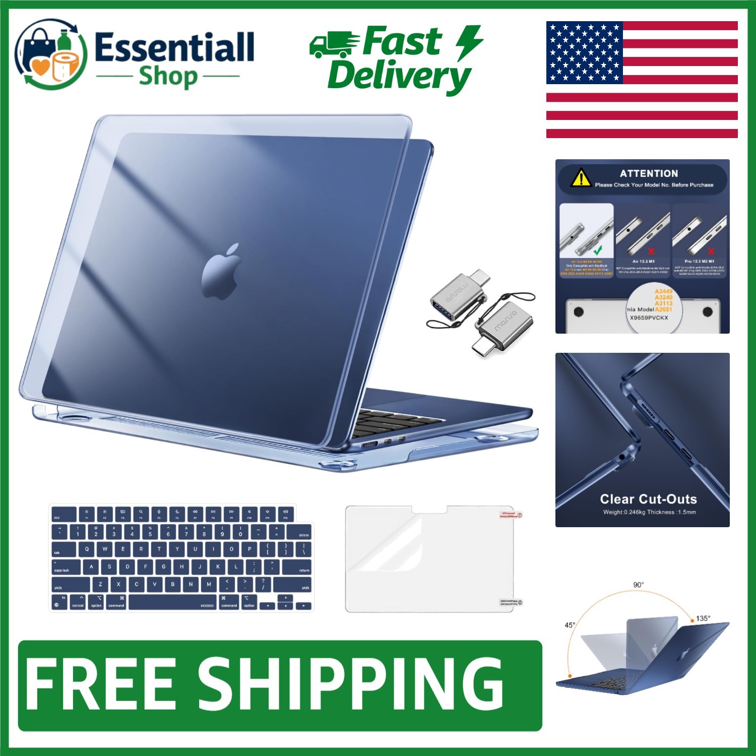 Sleek MacBook Air 13' Case - Hard Shell with Keyboard Cover & Screen Protector