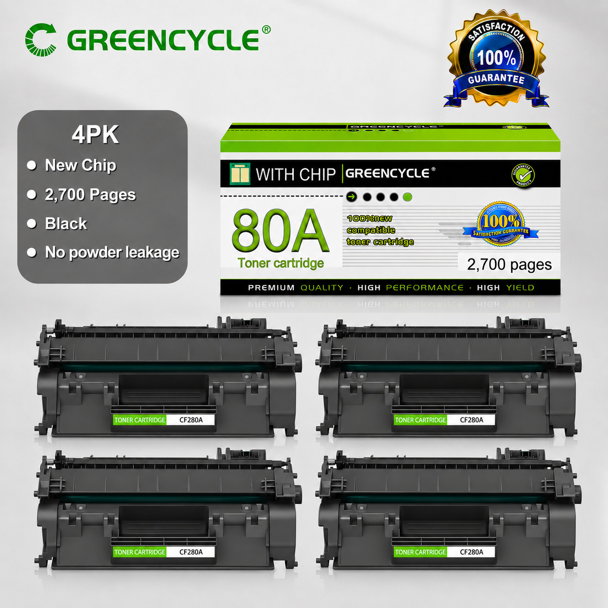 GREENCYCLE 4PK CF280A 80A Toner Cartridge Fits for HP LaserJet Pro 400 M401dn US