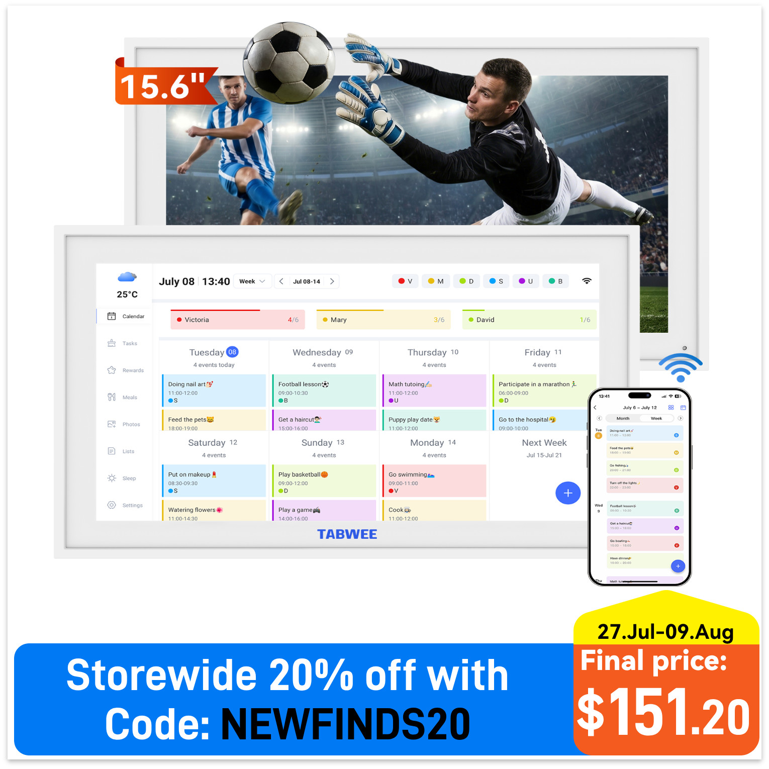 TABWEE 15.6" Digital Calendar Family Organizer Electronic Wall Calendar WiFi 6
