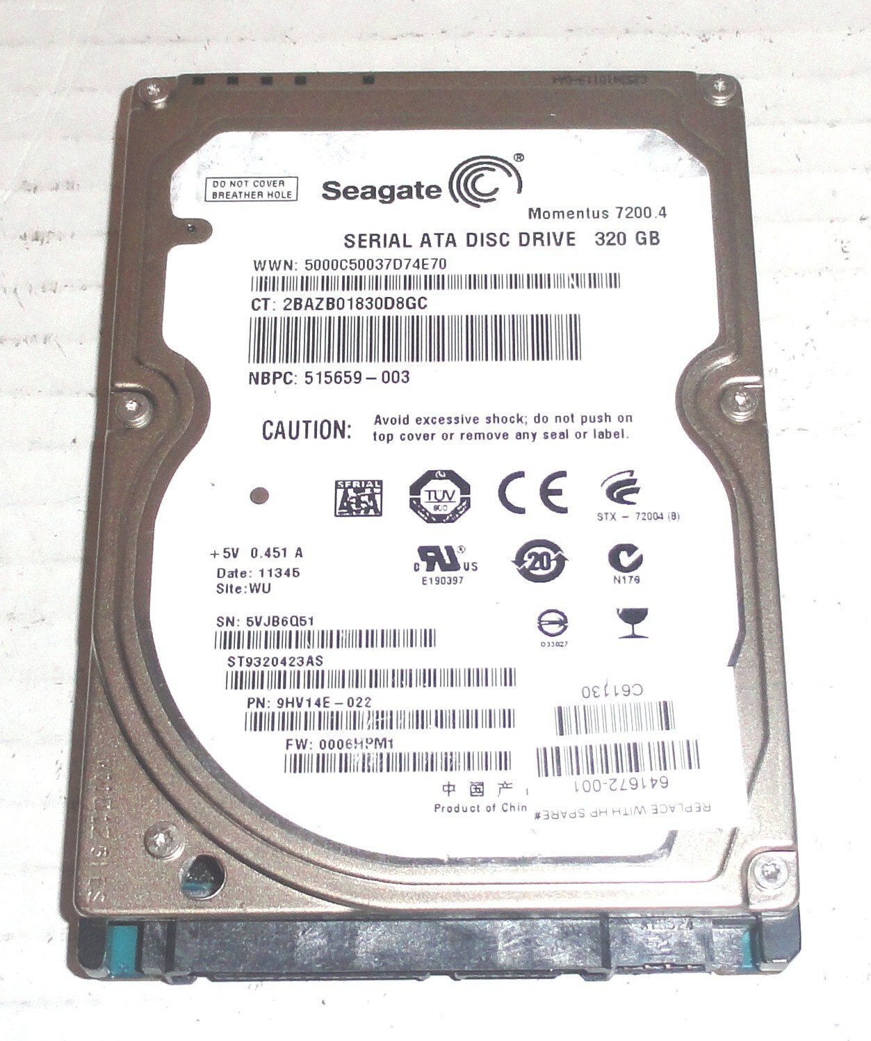 Seagate ST9320423AS 320GB Sata Hard Drive P/N: 9HV14E-022 F/W: 0006HPM1 5VJ  WU