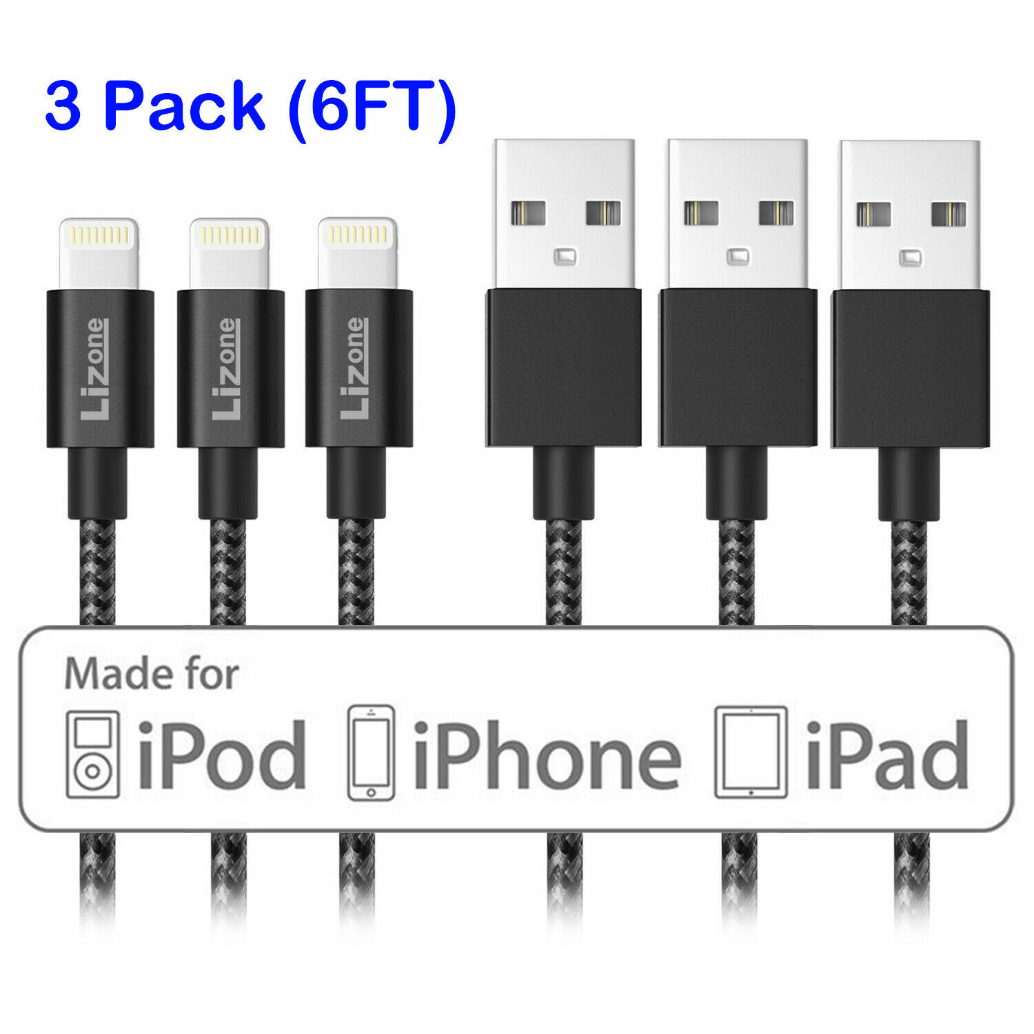 3X Lightning Cable 6Ft Apple MFi Certified for iPhone 11/11 Pro Max/X/XS Black