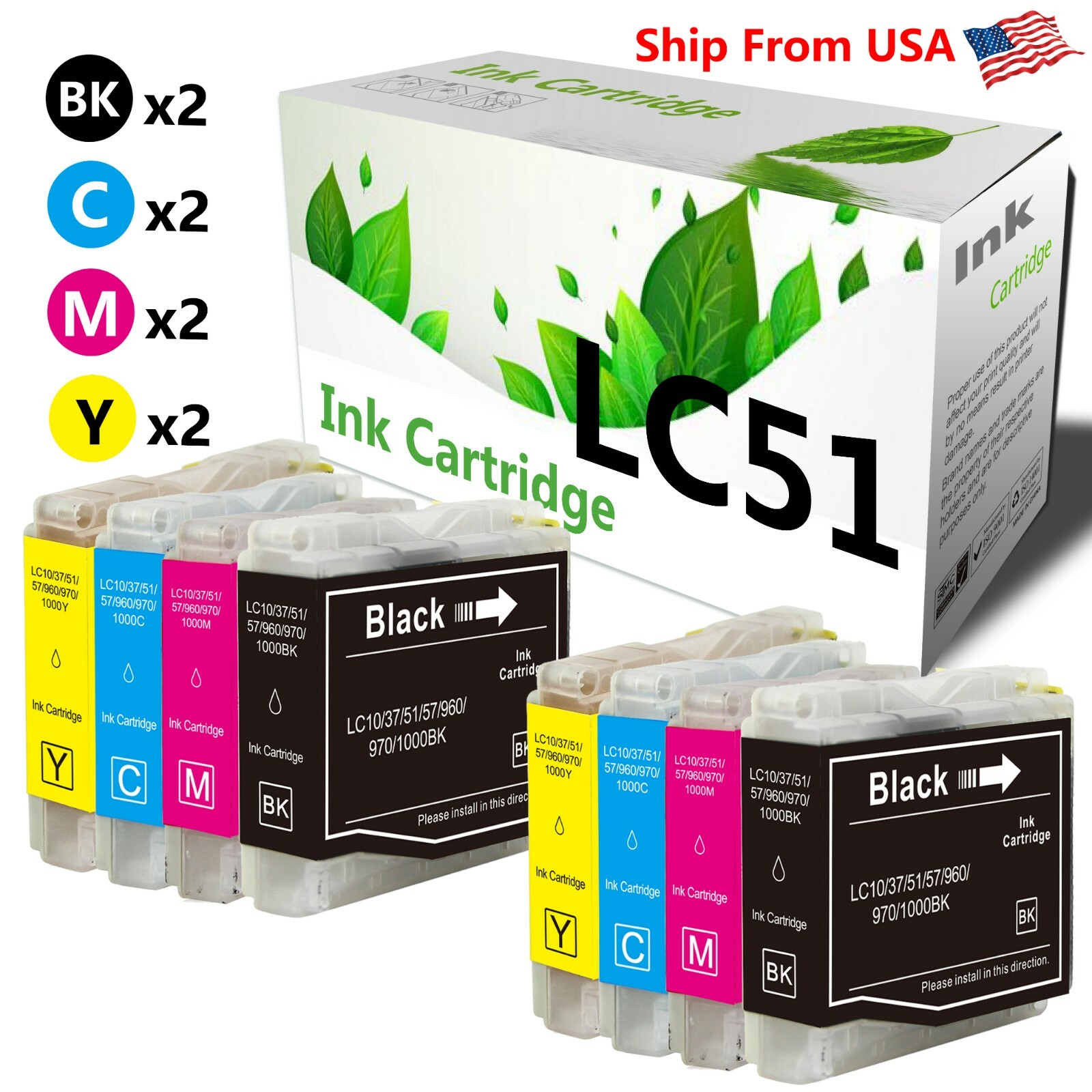 8 Pack LC51 Ink Cartridge for MFC-3360C MFC-685CW MFC-885CW DCP-130C Printer