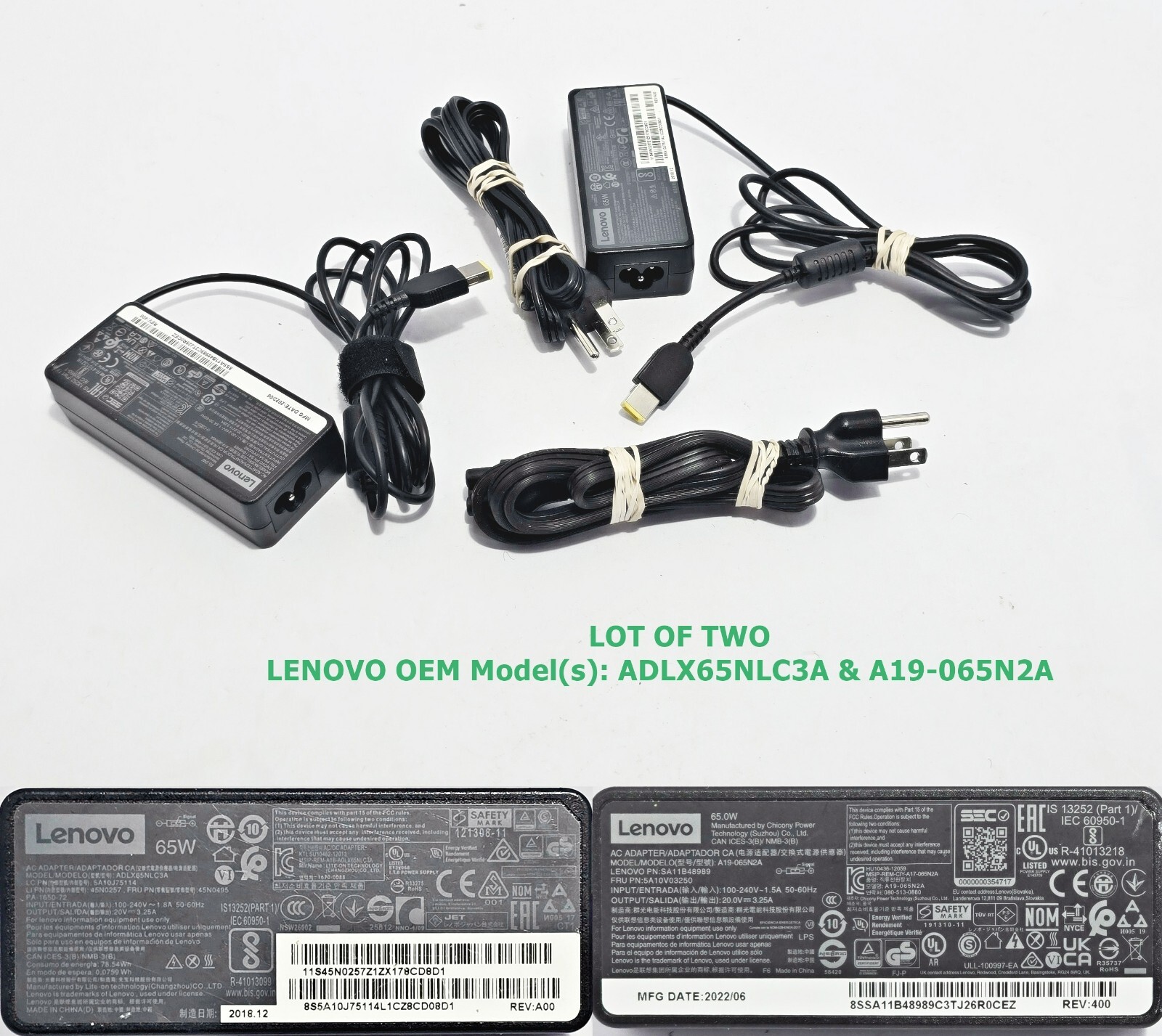 LOT OF (2) OEM Lenovo 20V 3.25A 65W Charger AC Adapter ADLX65NLC3A A19-065N2A