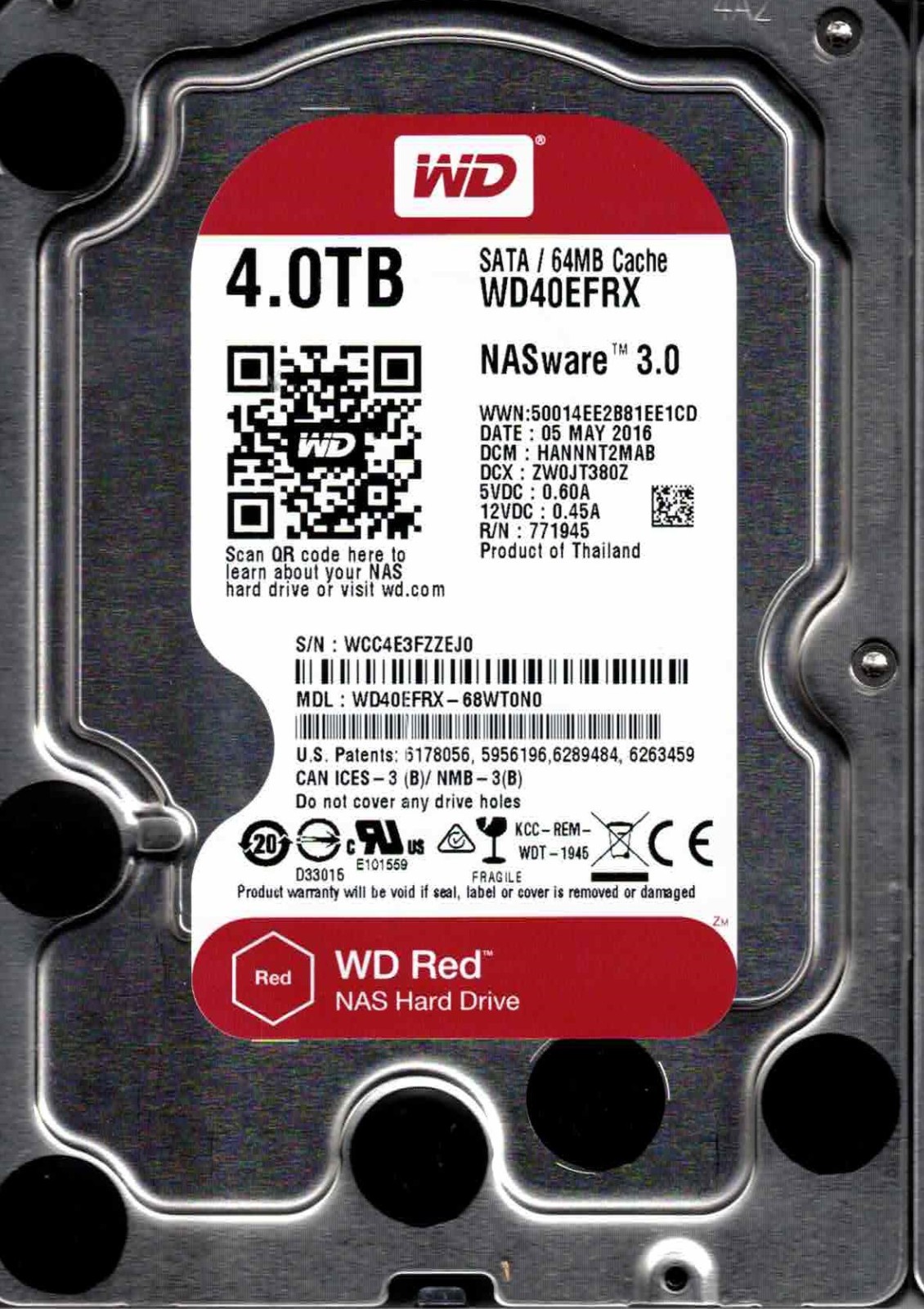 WD40EFRX-68WT0N0  HANNNT2MAB,   WESTERN DIGITAL SATA 4TB WCC4  MAY 2016