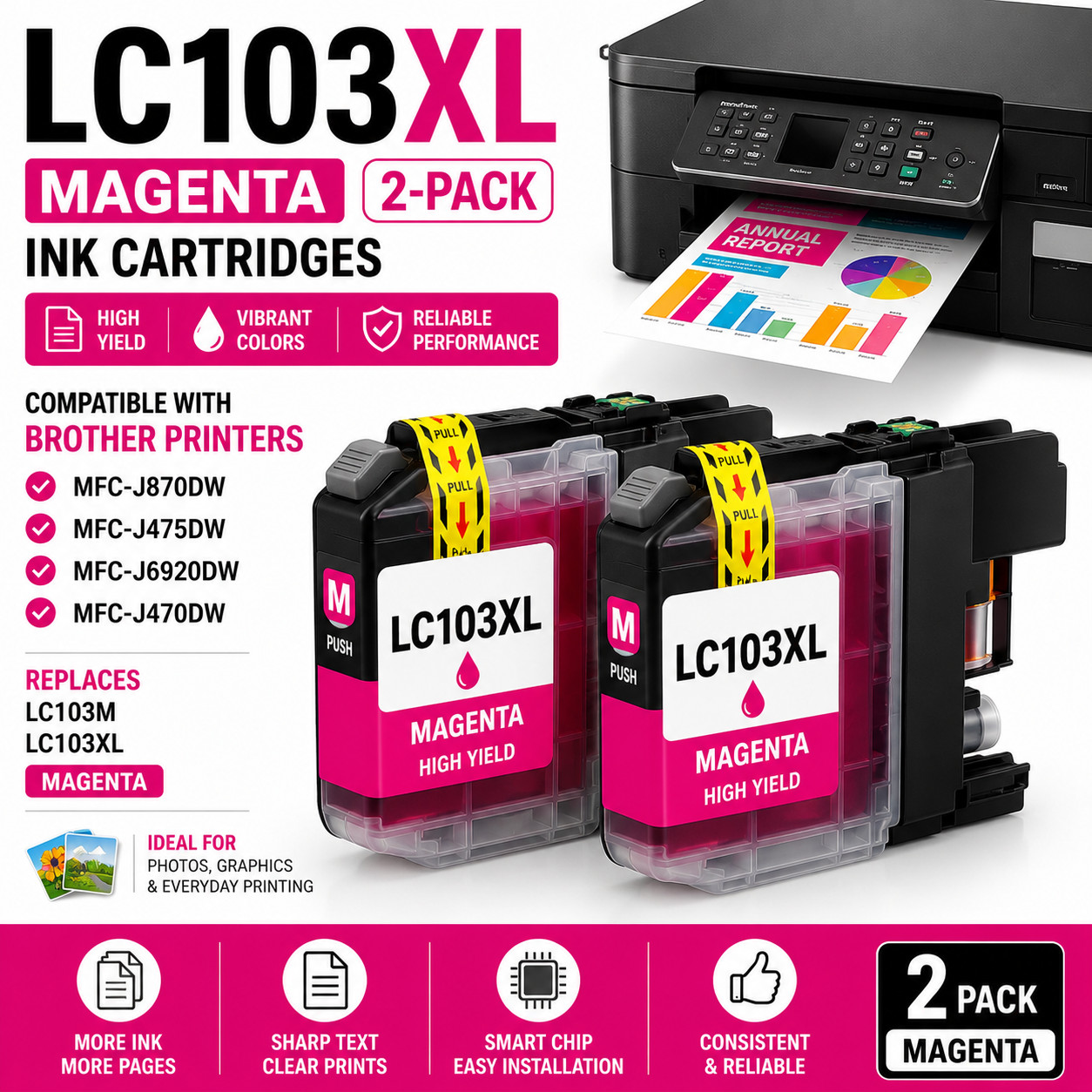 LC103XL Magenta Ink Cartridges 2-Pack for Brother MFC-J870DW J475DW J6920DW