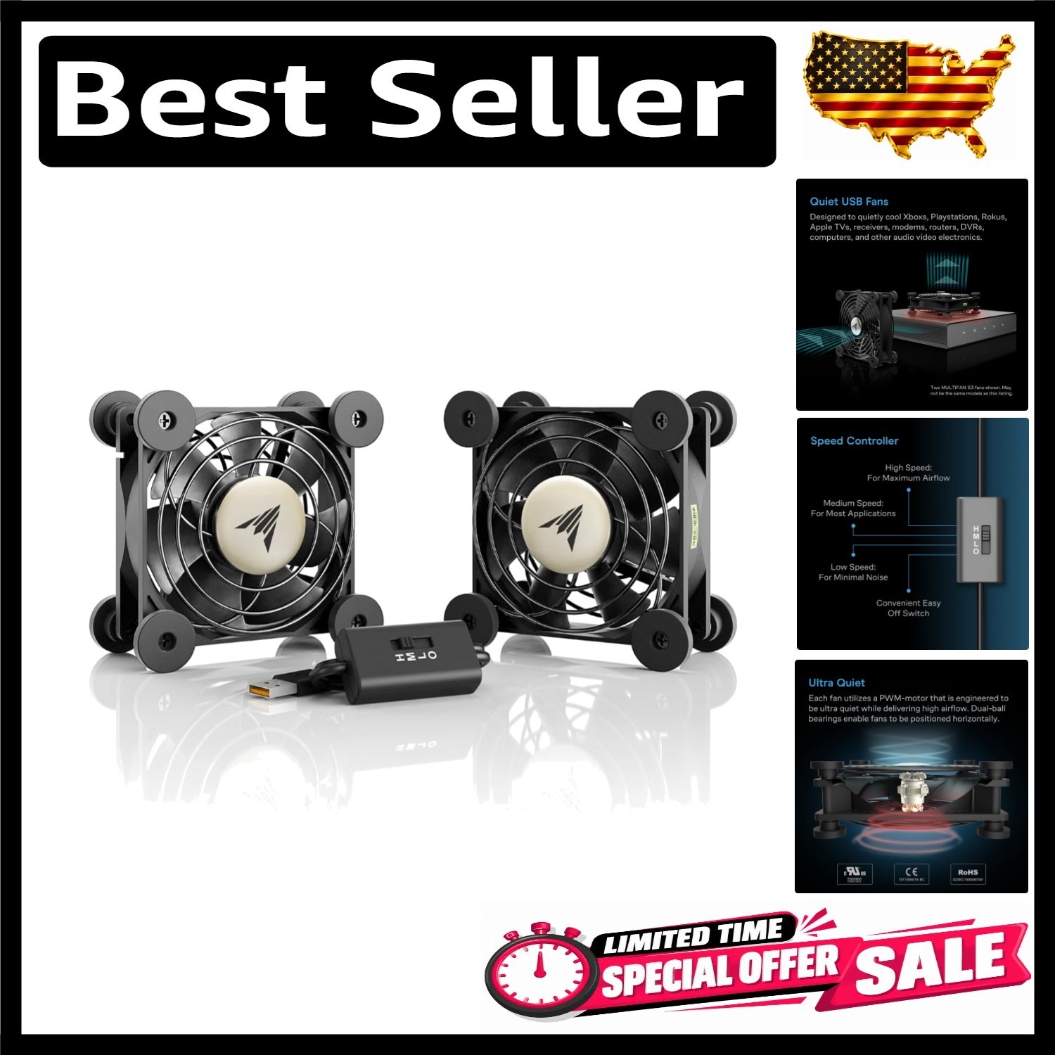 Ultra-Quiet USB Fan - Dual 80mm, Speed Controller, For Electronics Cooling