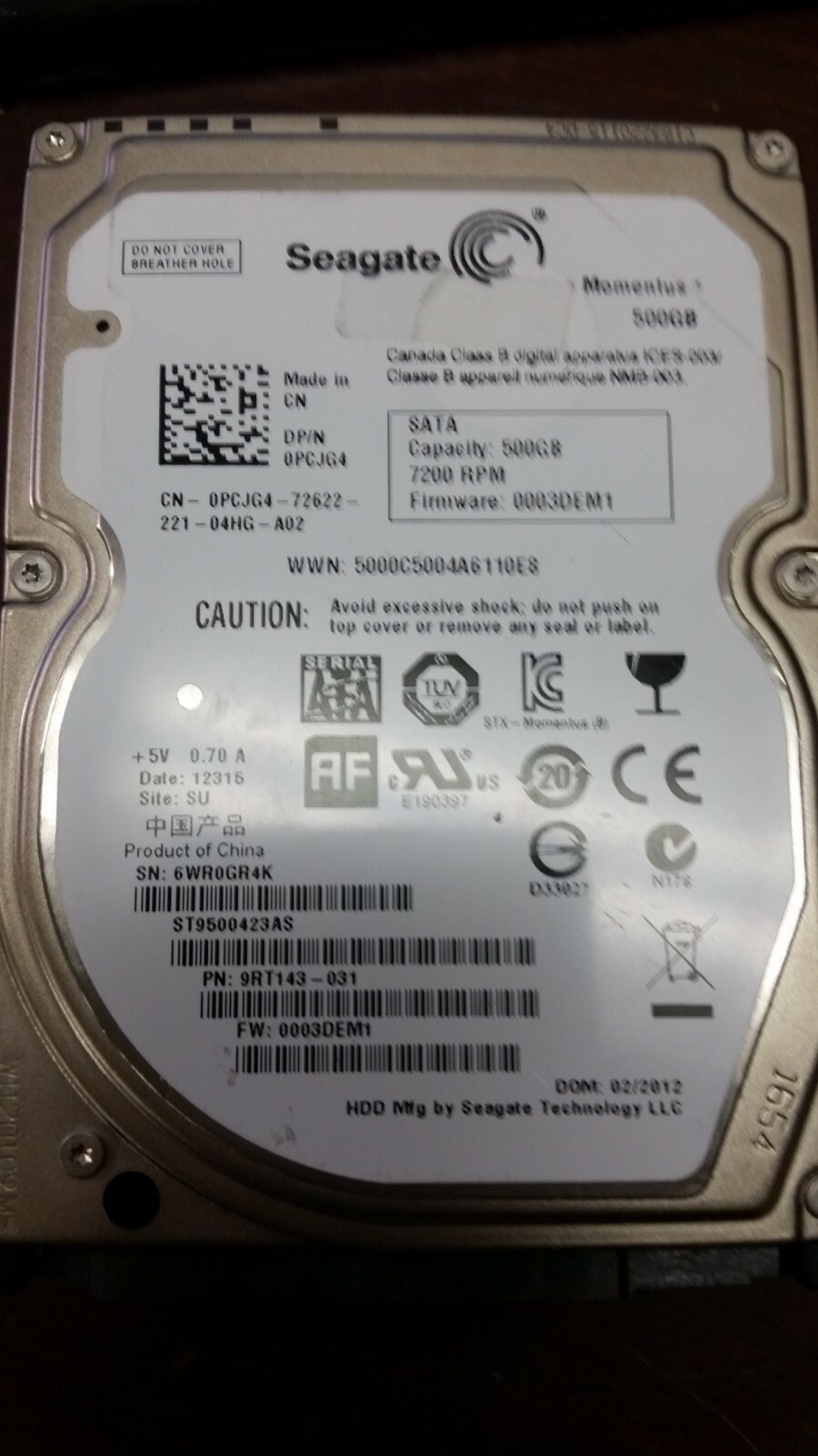 Dell Seagate 500GB 5400RPM SATA 2.5" HDD Hard Drive PCJG4 ST9500423AS