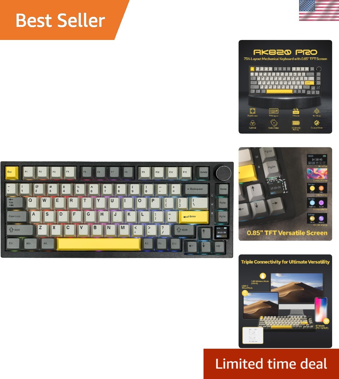 Compact 75% Ajazz AK820 Pro Wireless Keyboard - Ergonomic & Customizable RGB