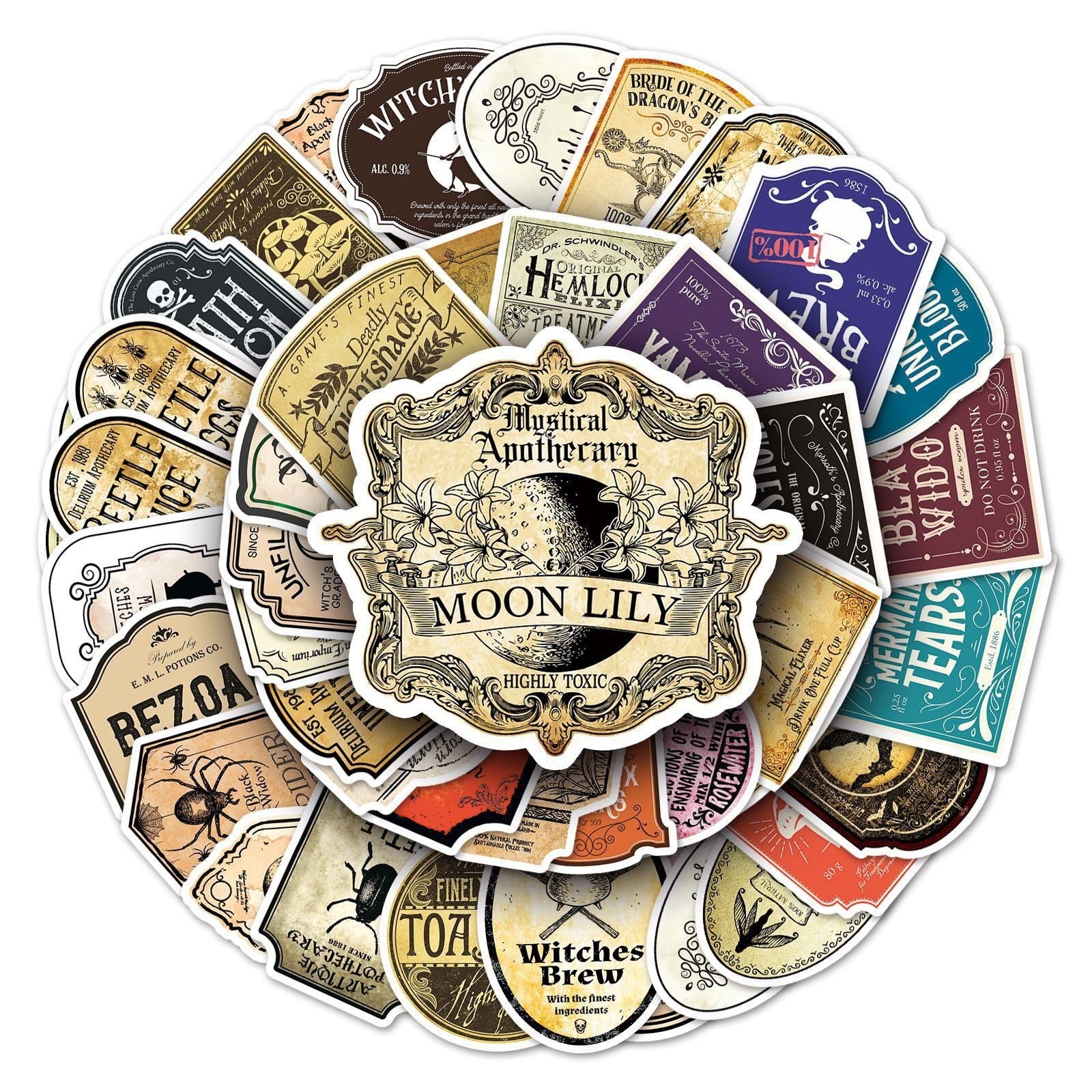50 Pcs Magic Potion Label Stickers, Cartoon Vintage 2-5 inches, Colour