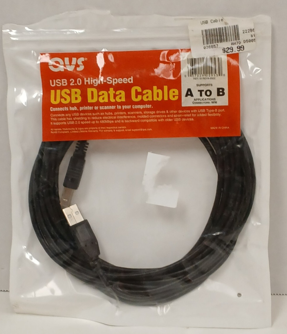QVS Type-A to Type-B USB 2.0 High-Speed Data Cable, 15FT