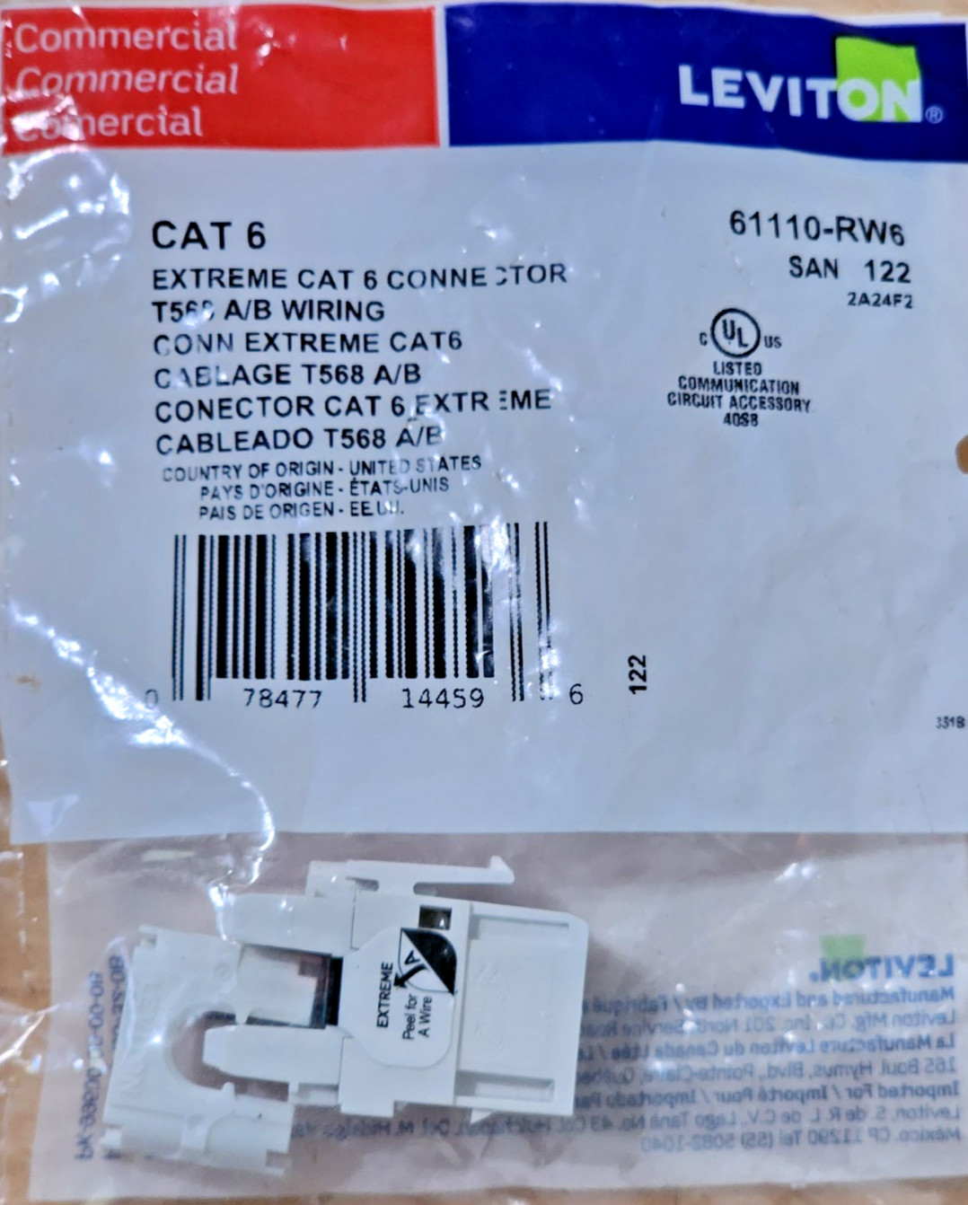 (QTY:2) Leviton 6110G-RW6, CAT6A Network Jack Extreme white 10 Gigabit Keystone