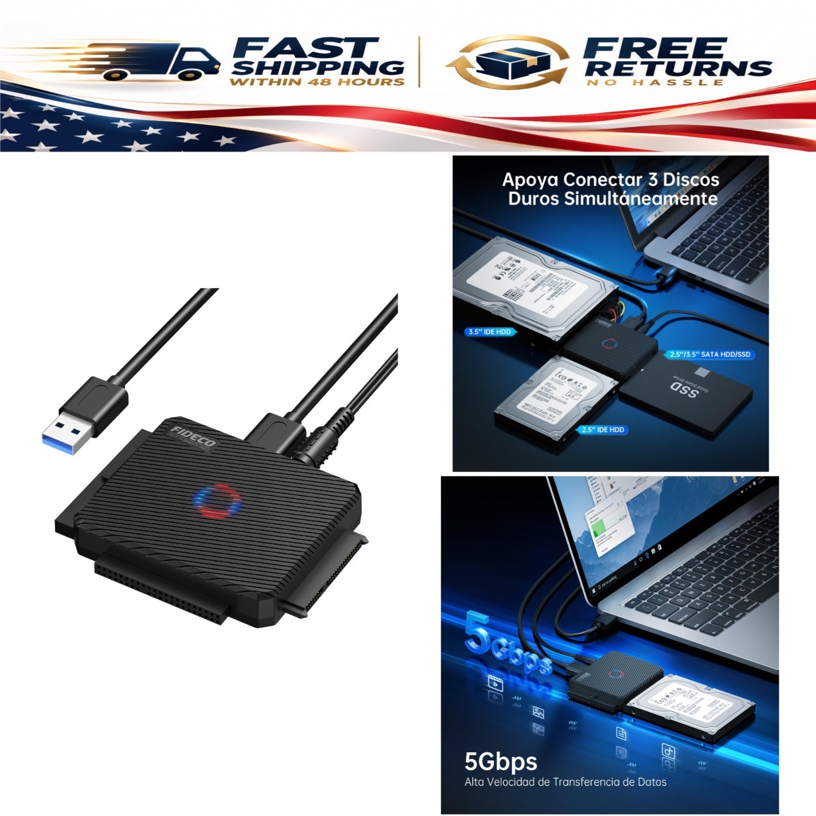 FIDECO SATA/IDE to USB 3.0 Adapter Cable for 2.5/3.5 in HDD SSD DVD Drive