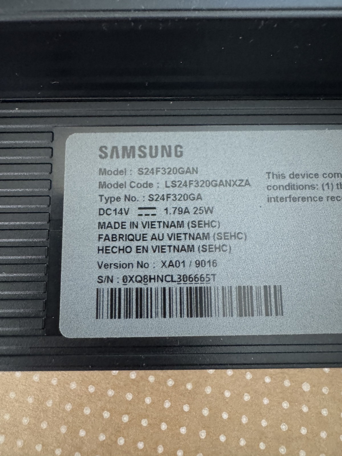 Samsung S24F320GAN 24in Monitor Stand Base + Neck Open Box