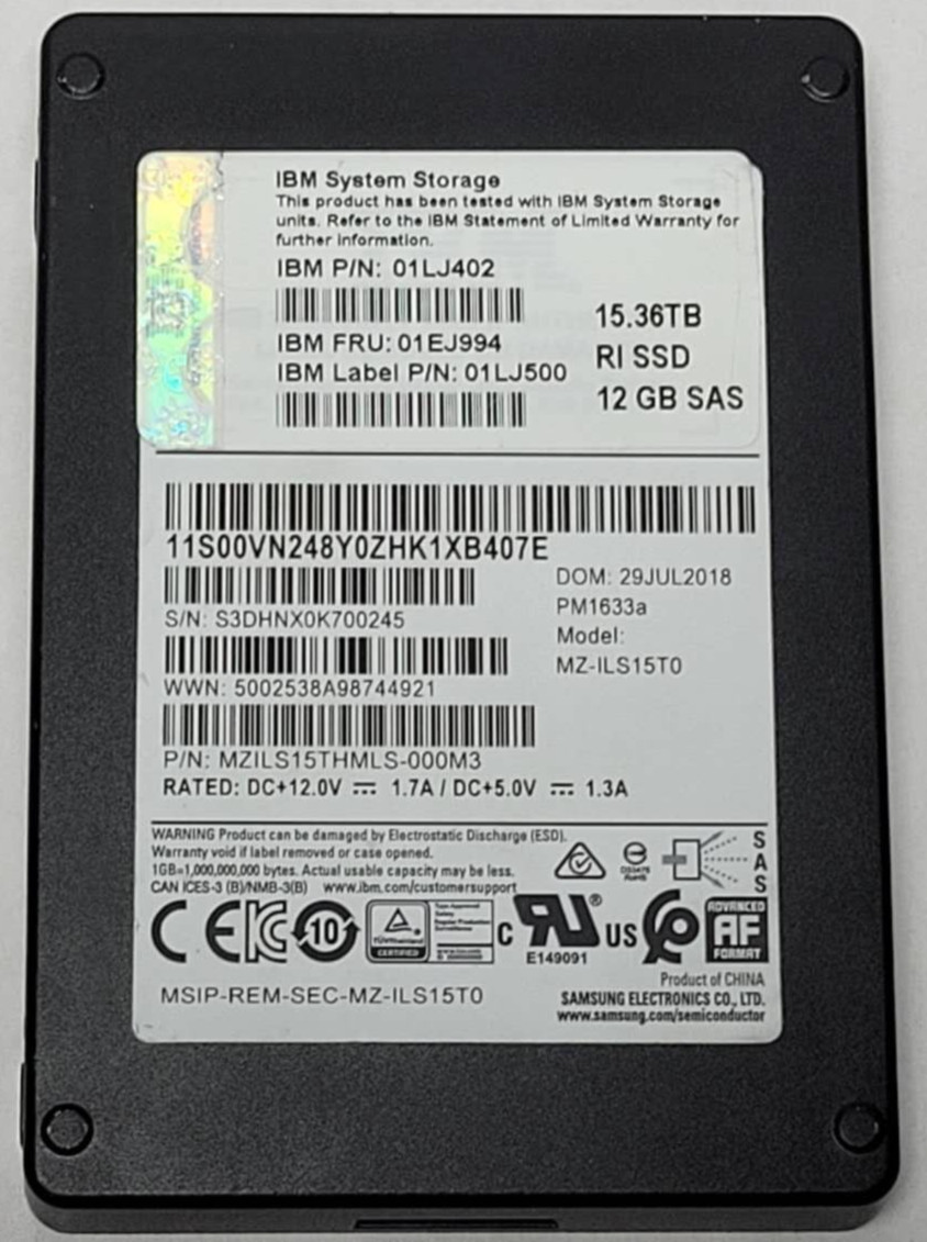 IBM Samsung PM1633a 15.36TB SAS 2.5" SSD MZ-ILS15T0 01LJ402 01EJ994 100% HEALTH