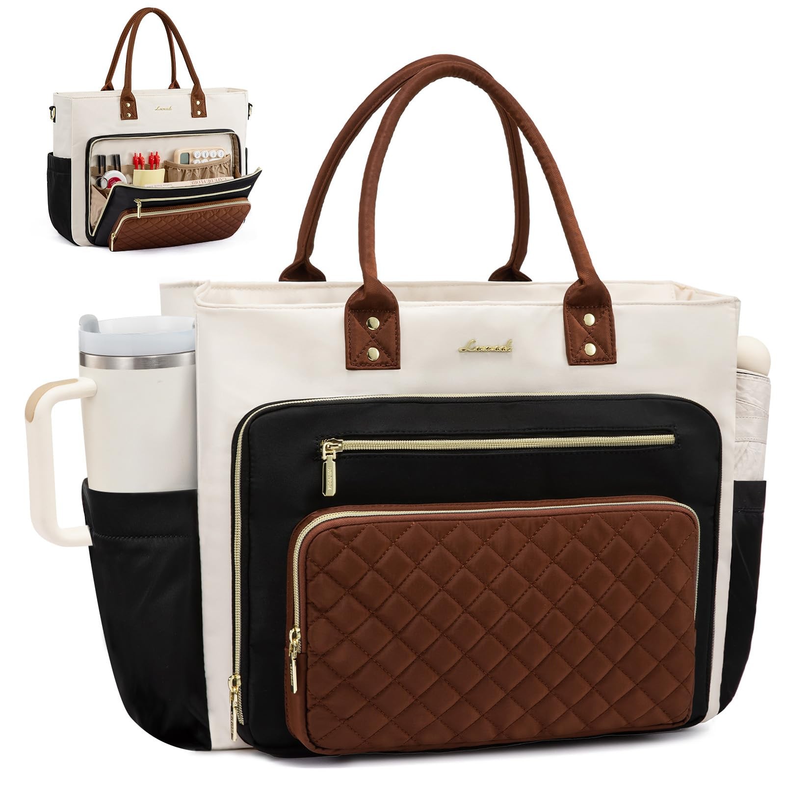 LOVEVOOK Teacher Tote Bag for Women Work, Laptop 15.6 Inch, Black-beige-brown