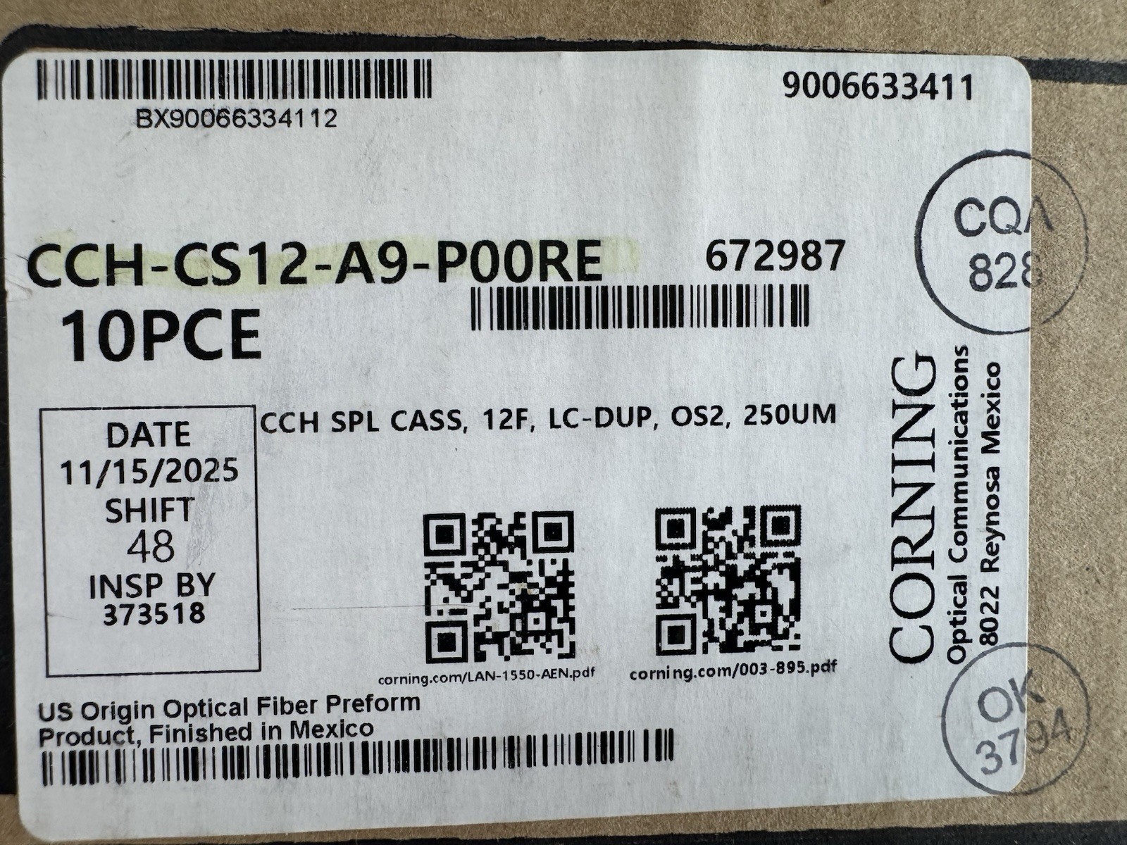 Corning CCH-CS12-A9-P00RE Pigtailed Splice Cassette 12 F, LC-DUP, SM, OS2