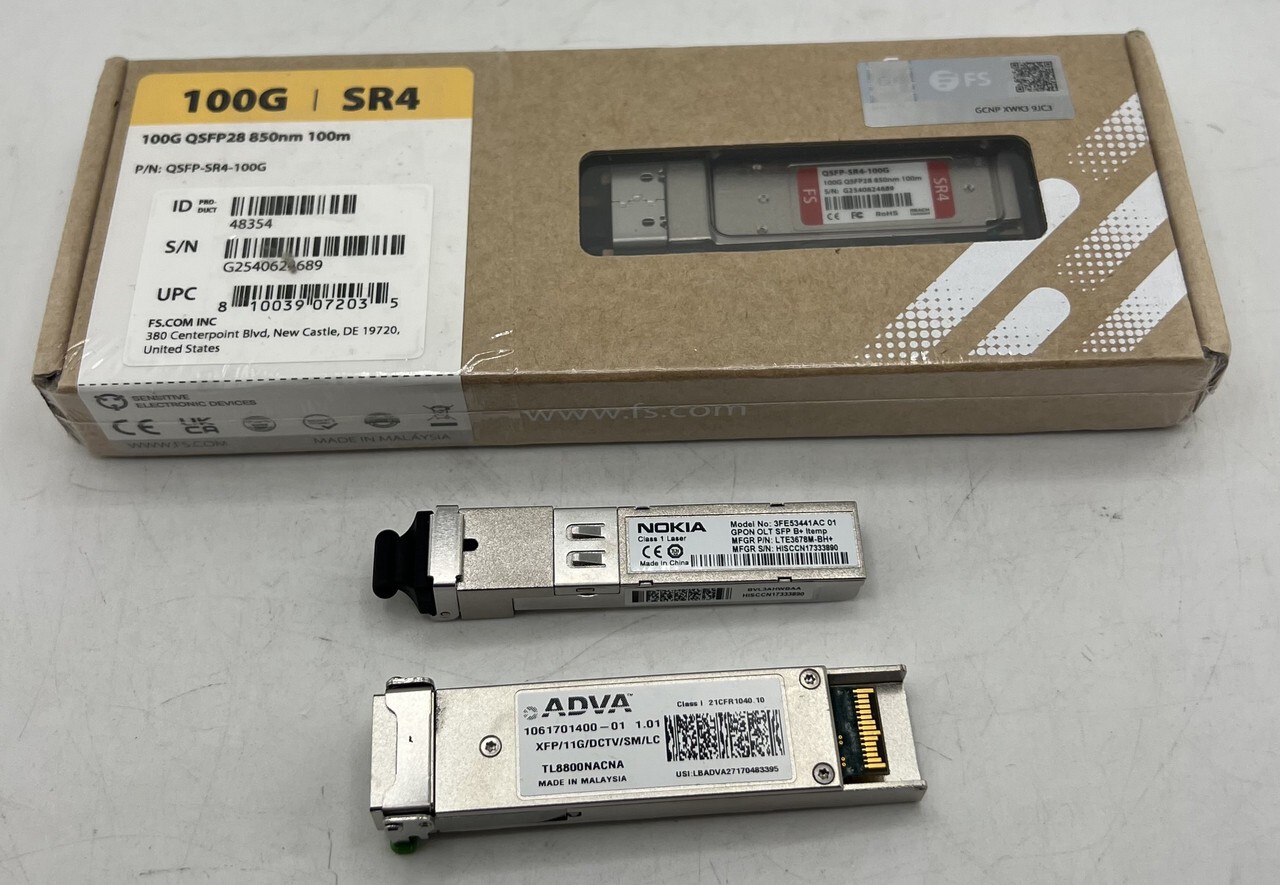 3 MIXED TRANSCEIVER MODULES NOKIA ADVA FS 3FE53441AC 1061701400-01 QSFP-SR4-100G