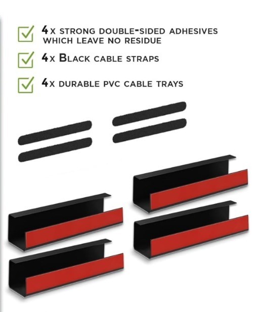 No-Screw under Desk Cable Management Tray  Self-Adhesive Install  Black Set Of 4