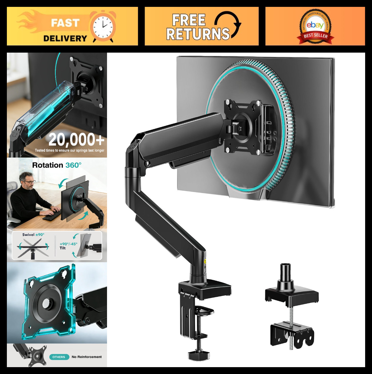 Adjustable Gas Spring Monitor Arm for 17-32" Screens - VESA Mount, Clamp & Gromm