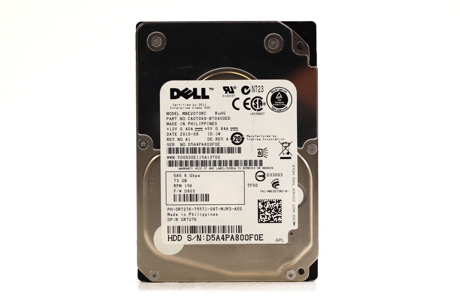 Dell MBE2073RC 73GB 2.5" 6Gb/s 16MB 15K RPM SAS Drive Dell P/N: 0R727K Tested