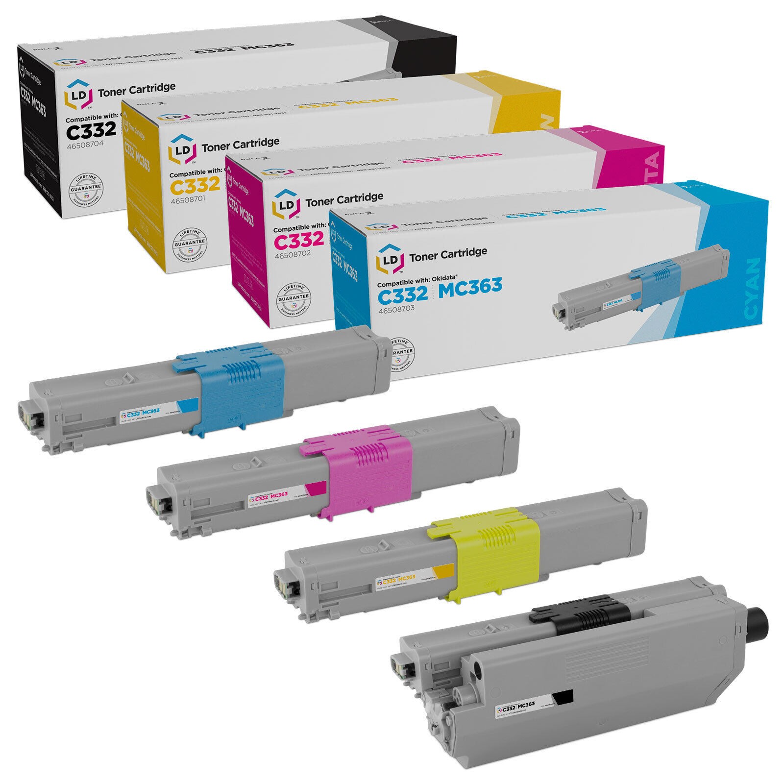 LD Compatible Okidata C332dn & MC363dn Toners: Black, Cyan, Magenta, Yellow