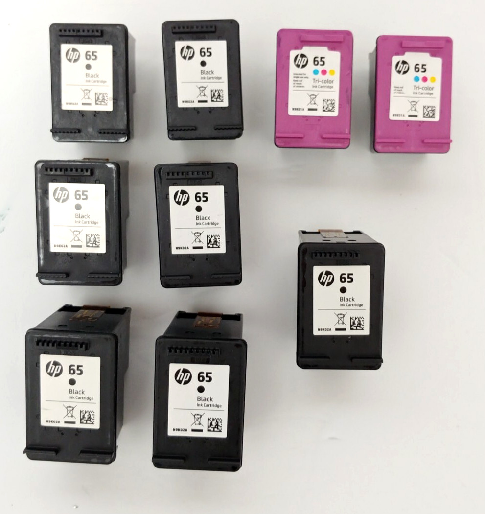 Lot Of Nine EMPTY Genuine HP 65 Black And Tri Color  Ink Cartridges Virgin Ink