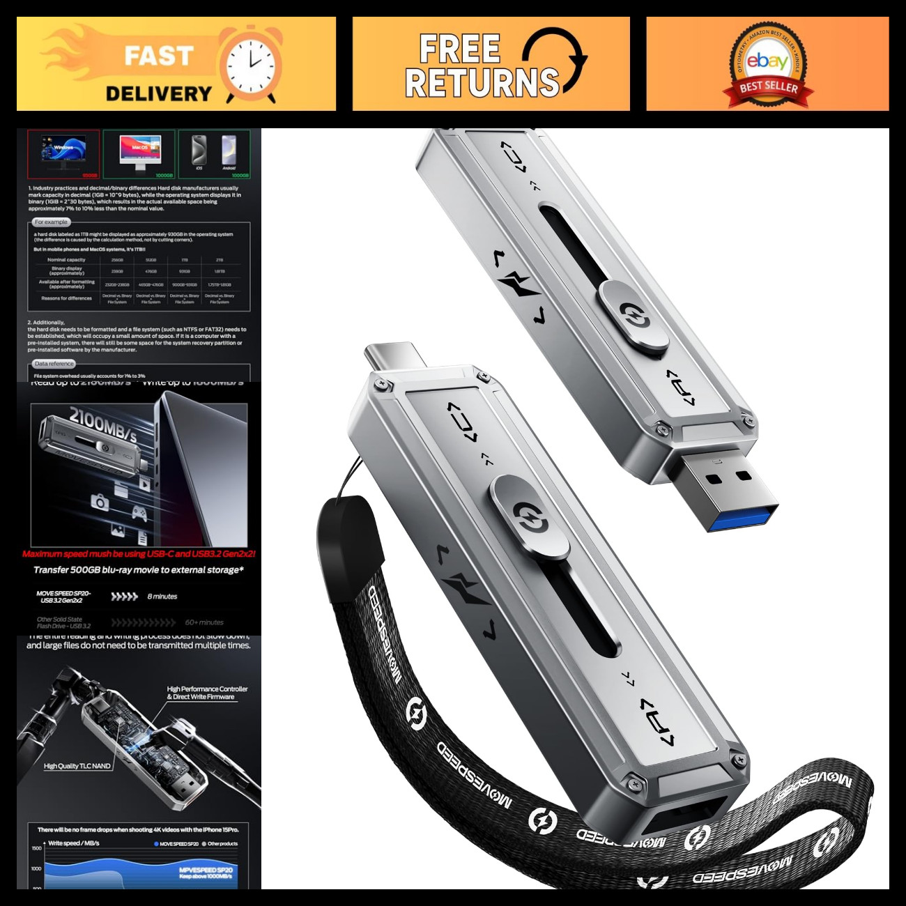 512GB Portable External SSD, 2100MB/s High-Speed USB 3.2 Gen2x2, Type C Drive fo
