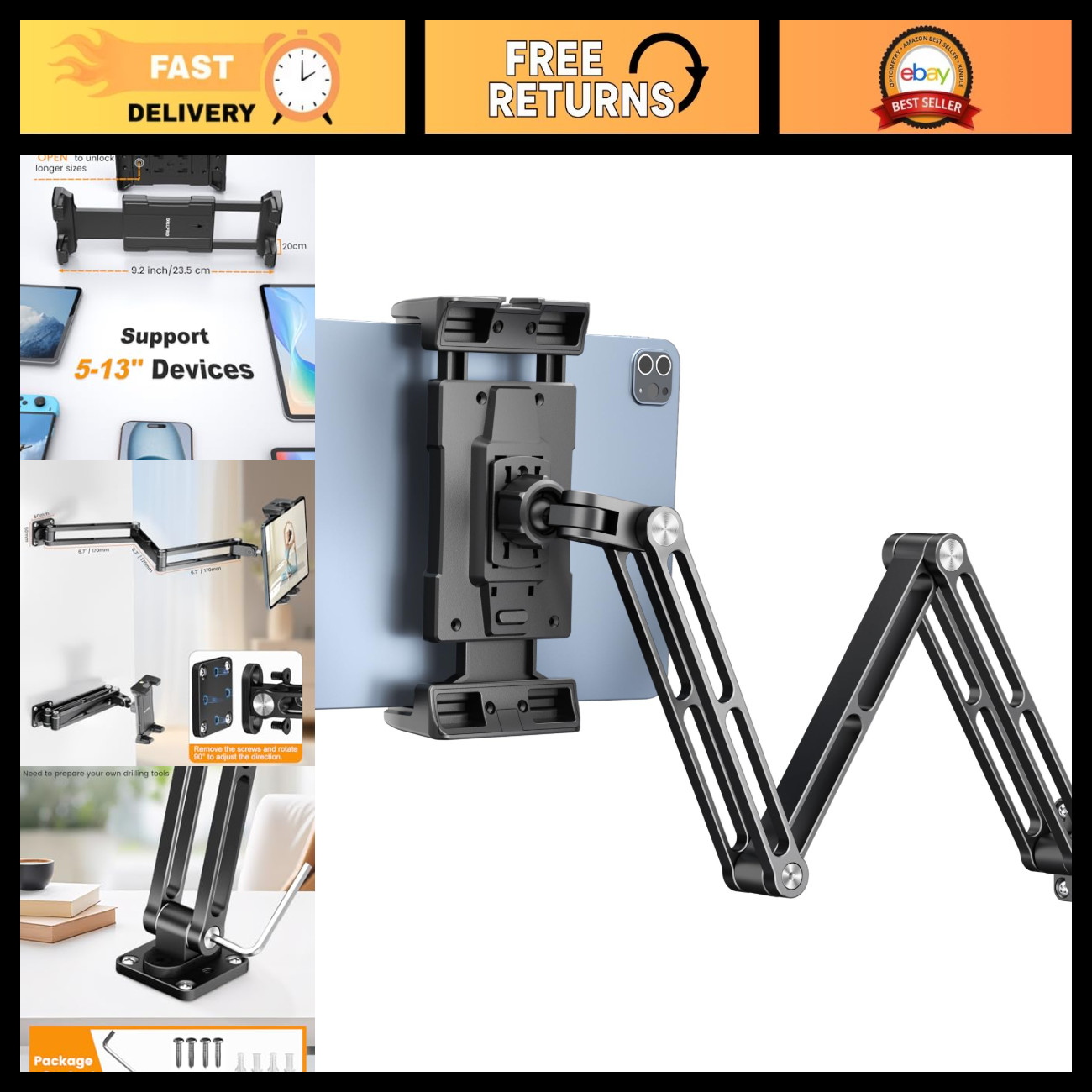 Adjustable Aluminum Tablet Wall Mount Holder - 360° Rotating Arm for iPad & Gala