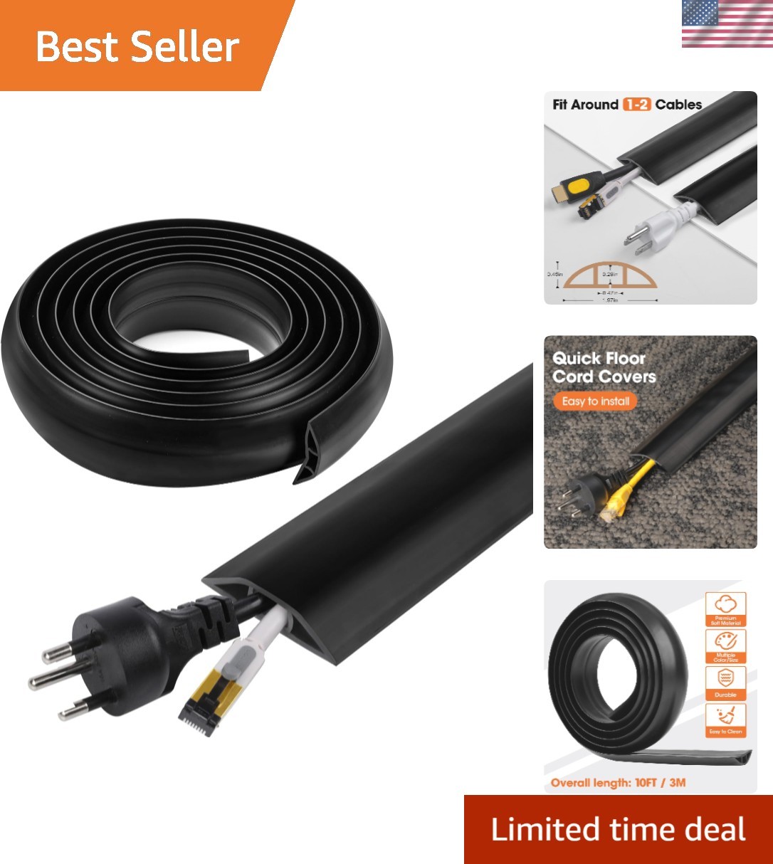 10 FT Practical Floor Cord Protector - Clean Up Spaces with Self-Adhesive Design