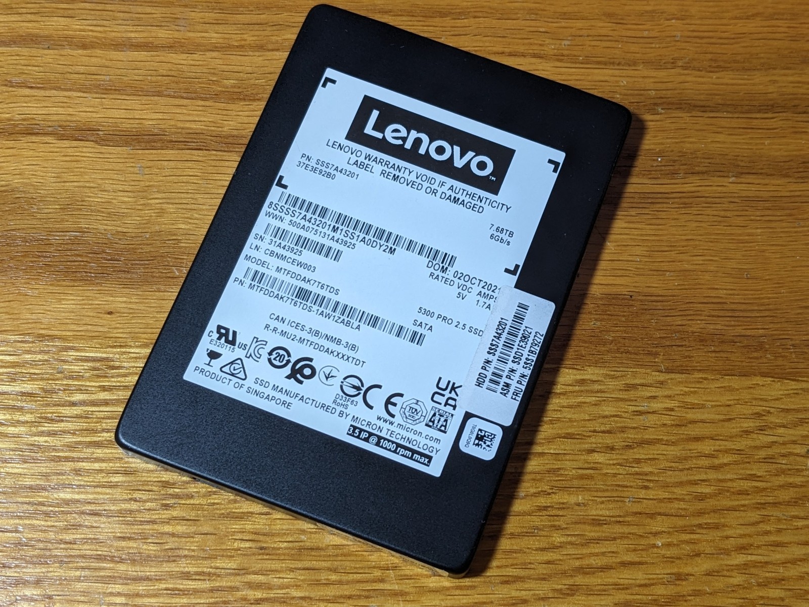 Micron 7.68TB 5300 Pro 2.5" SATA Solid State 7mm SSD MTFDDAK7T6TDS - 100% Health