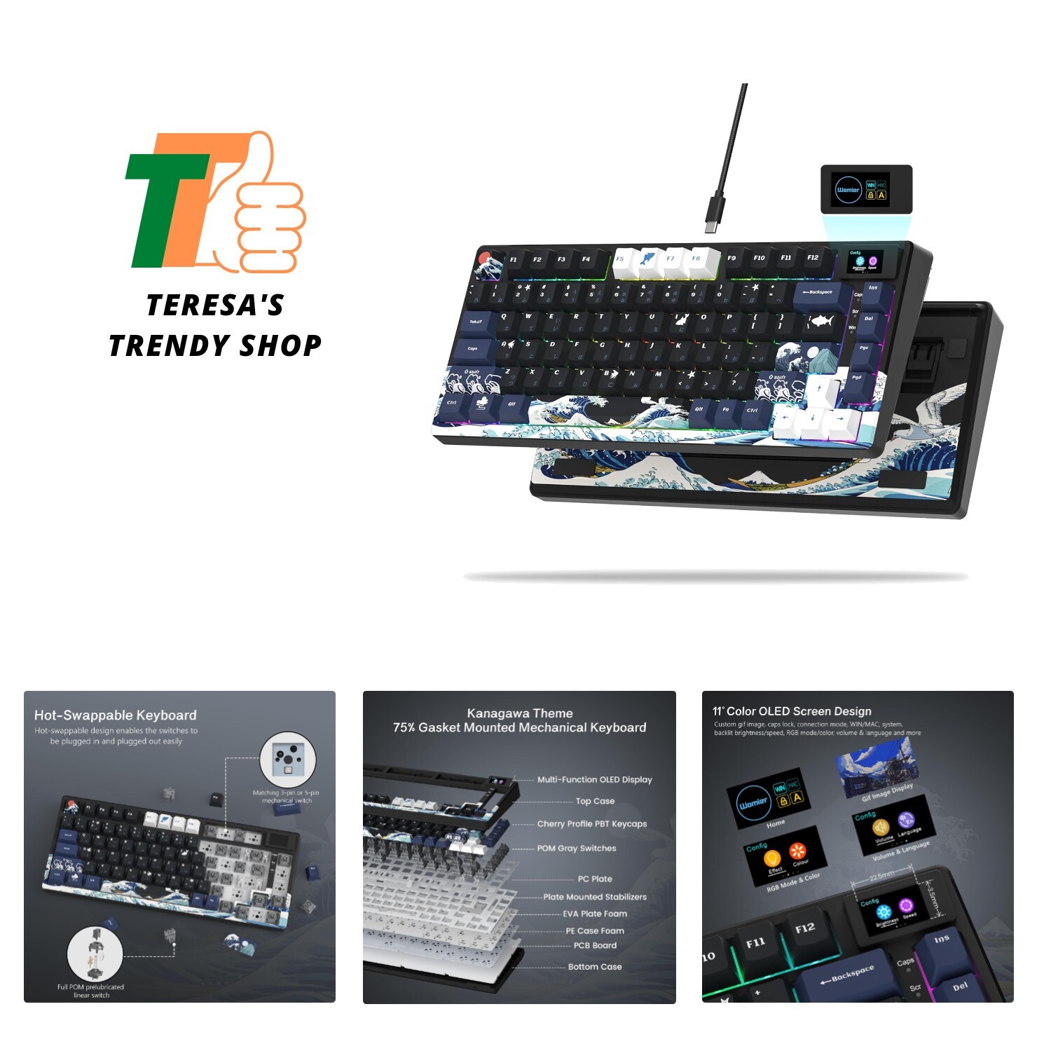 Womier S-K80 75% Keyboard with Color Multimedia Display Mechanical Gaming Key...
