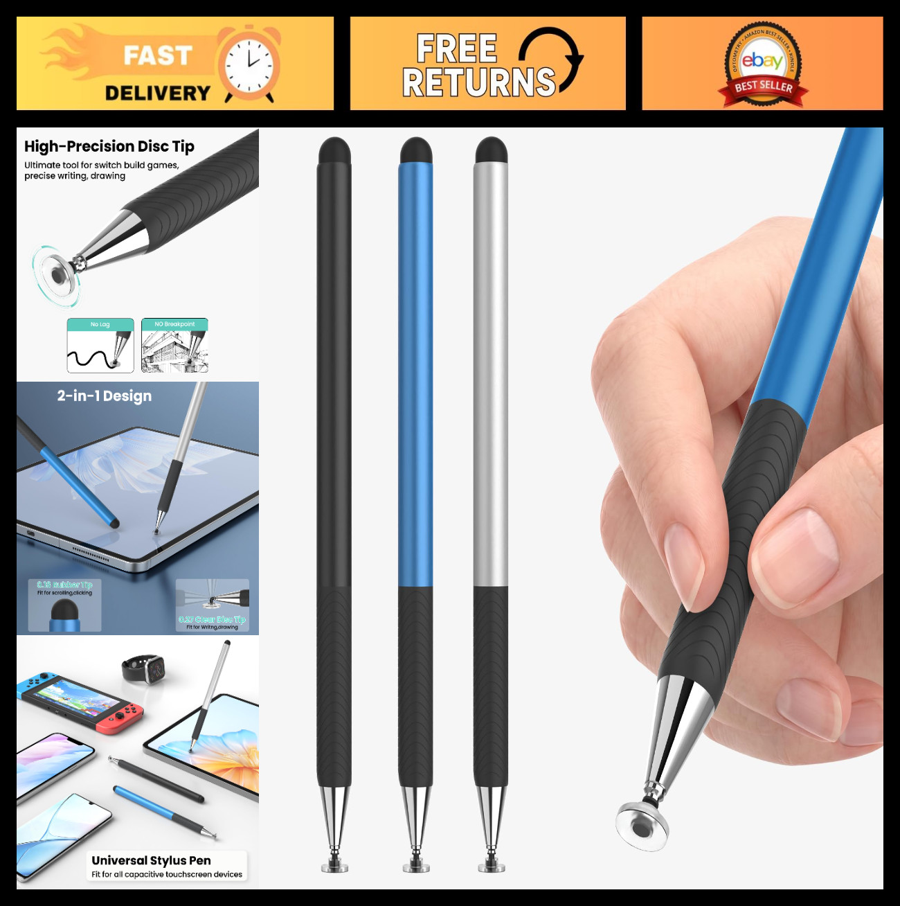 2-in-1 Stylus Pen for Touchscreens, 3-Pack | High Precision, Anti-Slip Grip, Uni
