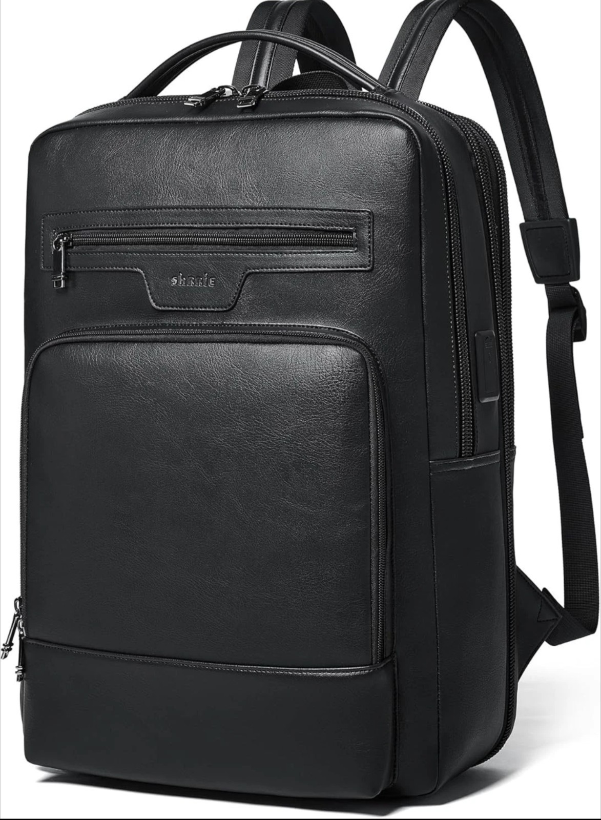 Shrrie Leather Expandable Backpack USB Port 28 L Travel Bag Black 16" Laptop NEW