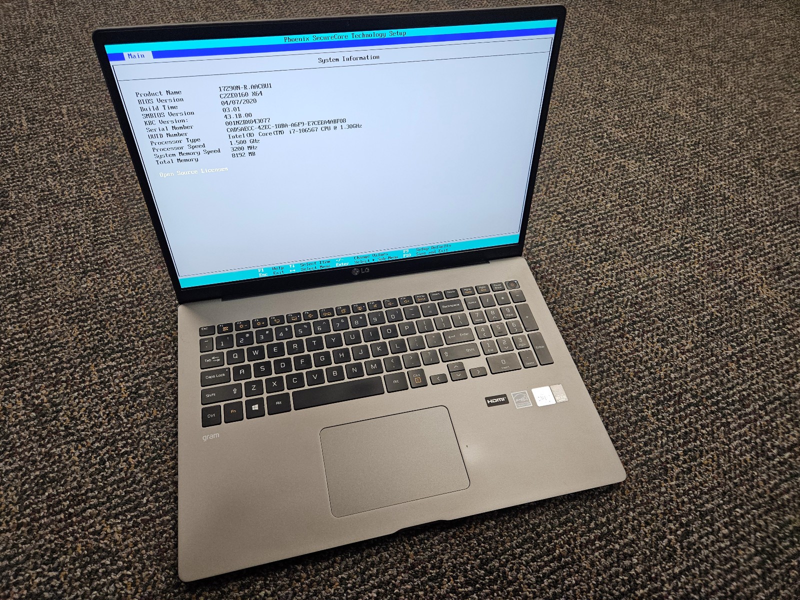LG Gram 17Z90N-R AAC8U1 Intel Core i7-1065G7 1.3GHz 8GB RAM for PARTS or REPAIR