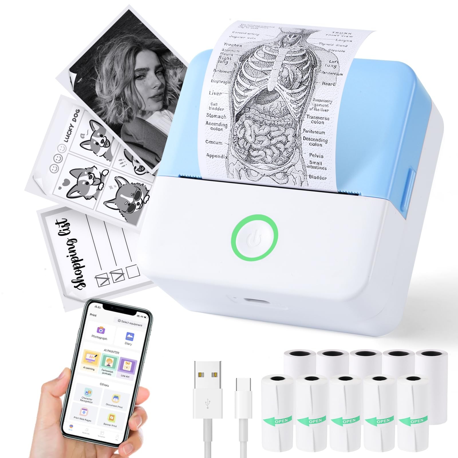 cudinham Mini Sticker Printer, X6 Print Pod with 10 Rolls Thermal small, Blue