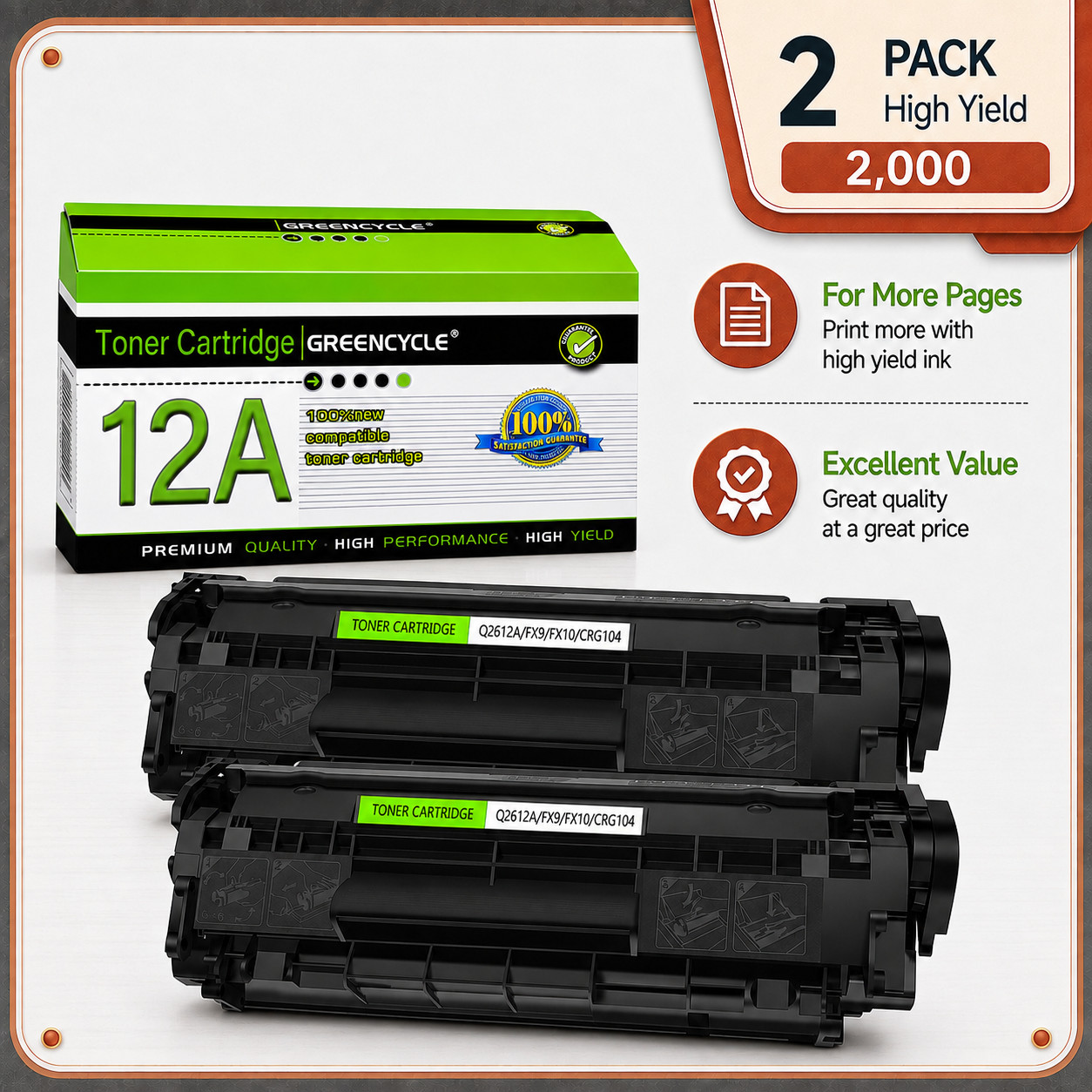 GREENCYCLE 2PK Q2612A 12A Laser Toner Cartridge Compatible With HP LaserJet 3055