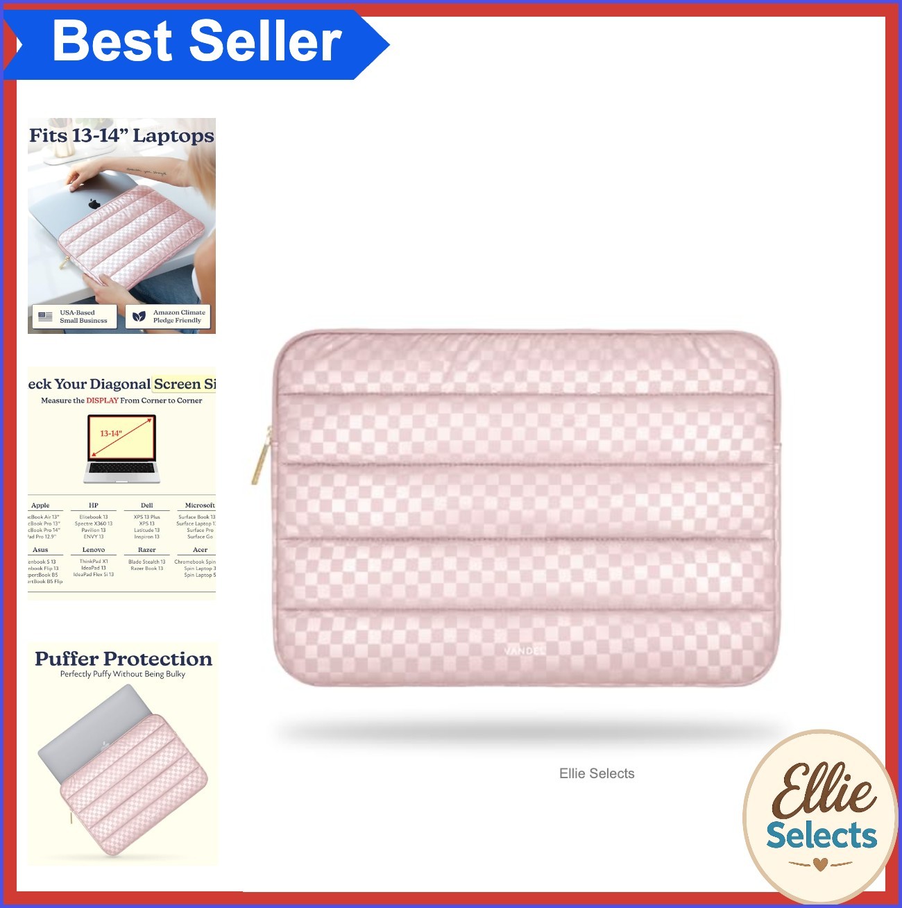 Puffy Laptop Sleeve Case 13-14 Inch Padded Cute Checker Pink Puffer Bag
