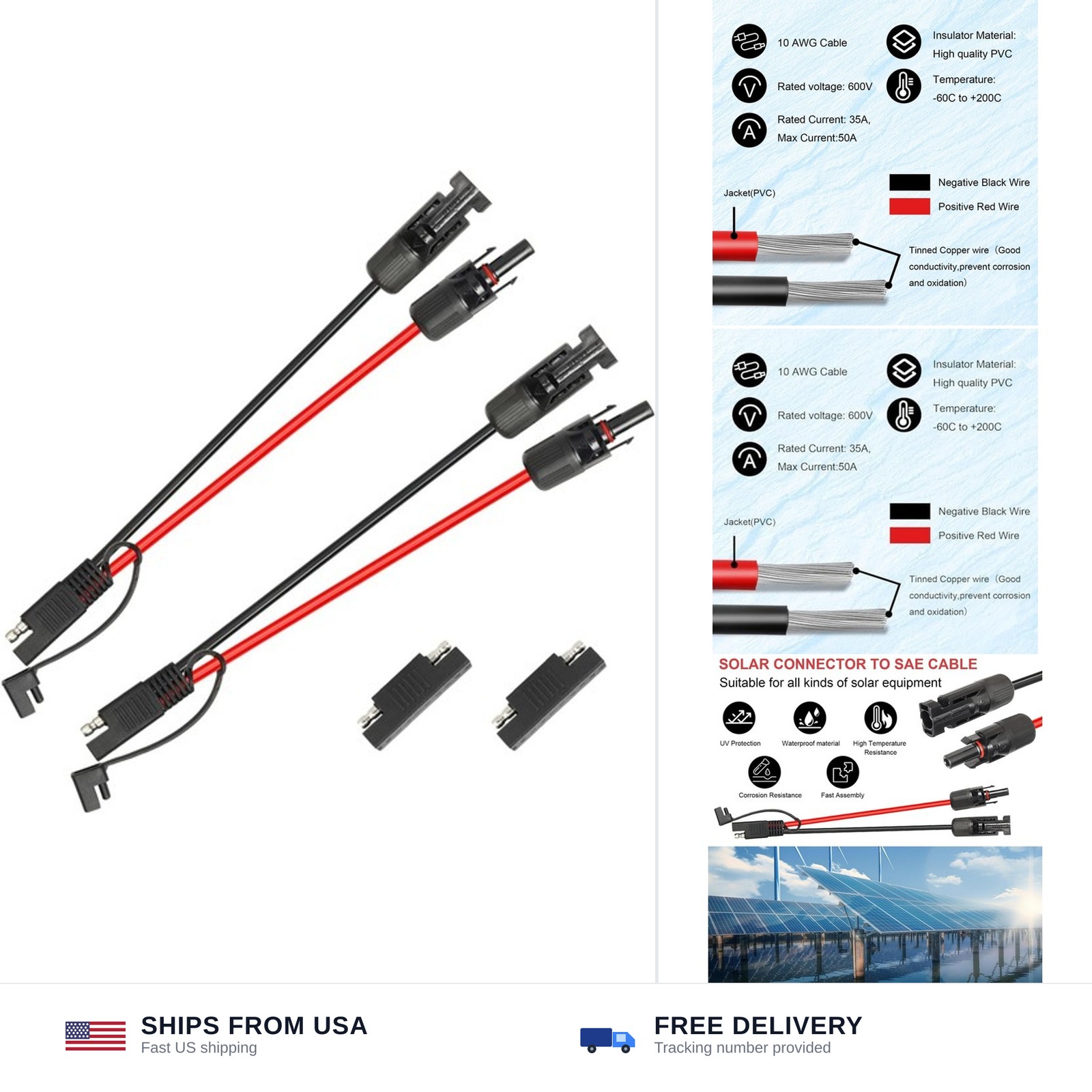 2PC 1ft Solar Panel to SAE Adapter Cable 10AWG RV Caravan Battery Charger