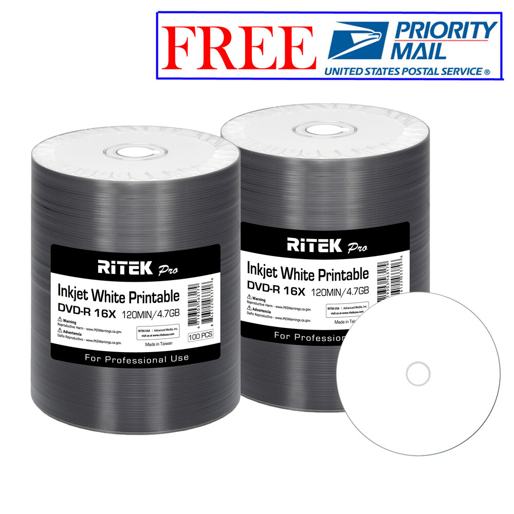 200 Pack Ritek Pro DVD-R 16X 4.7GB White Inkjet Hub Printable Blank Media Disc