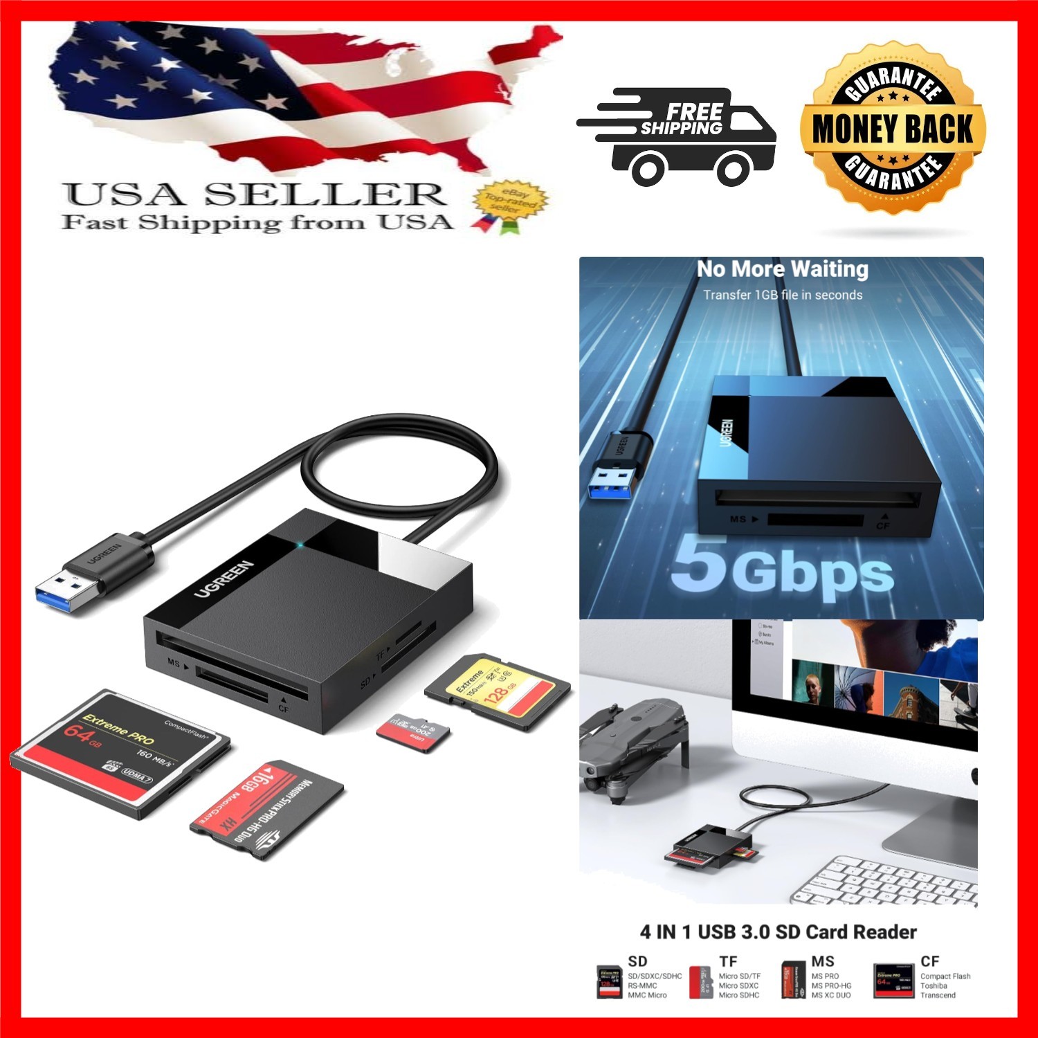 Effortless Multi-Card Reader & Hub - 4 Ports, 5Gbps for Fast Data Transfers