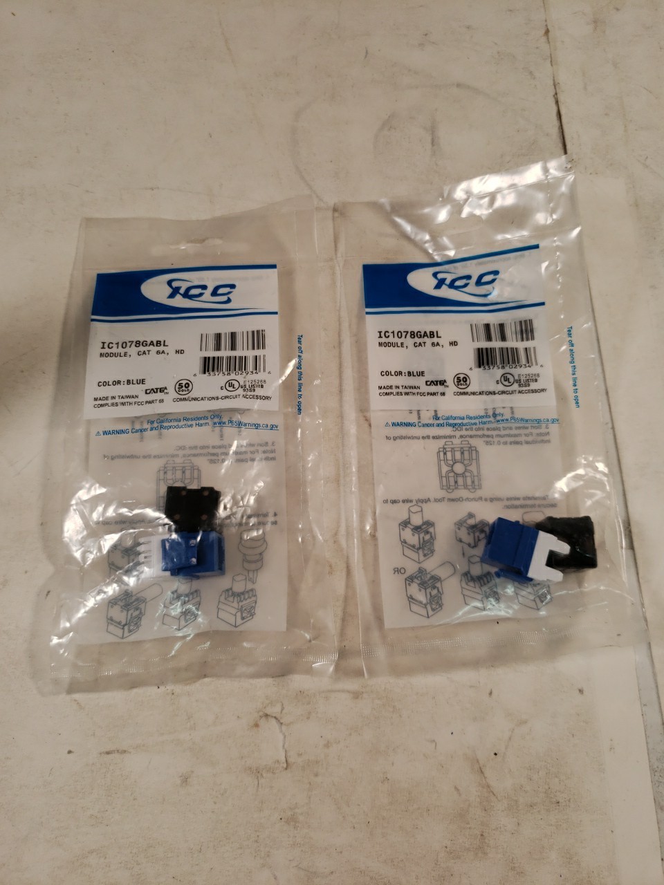 Lot Of 2 ICC ICC-IC1078GABL/Module CAT6A-HD, Blue Connector