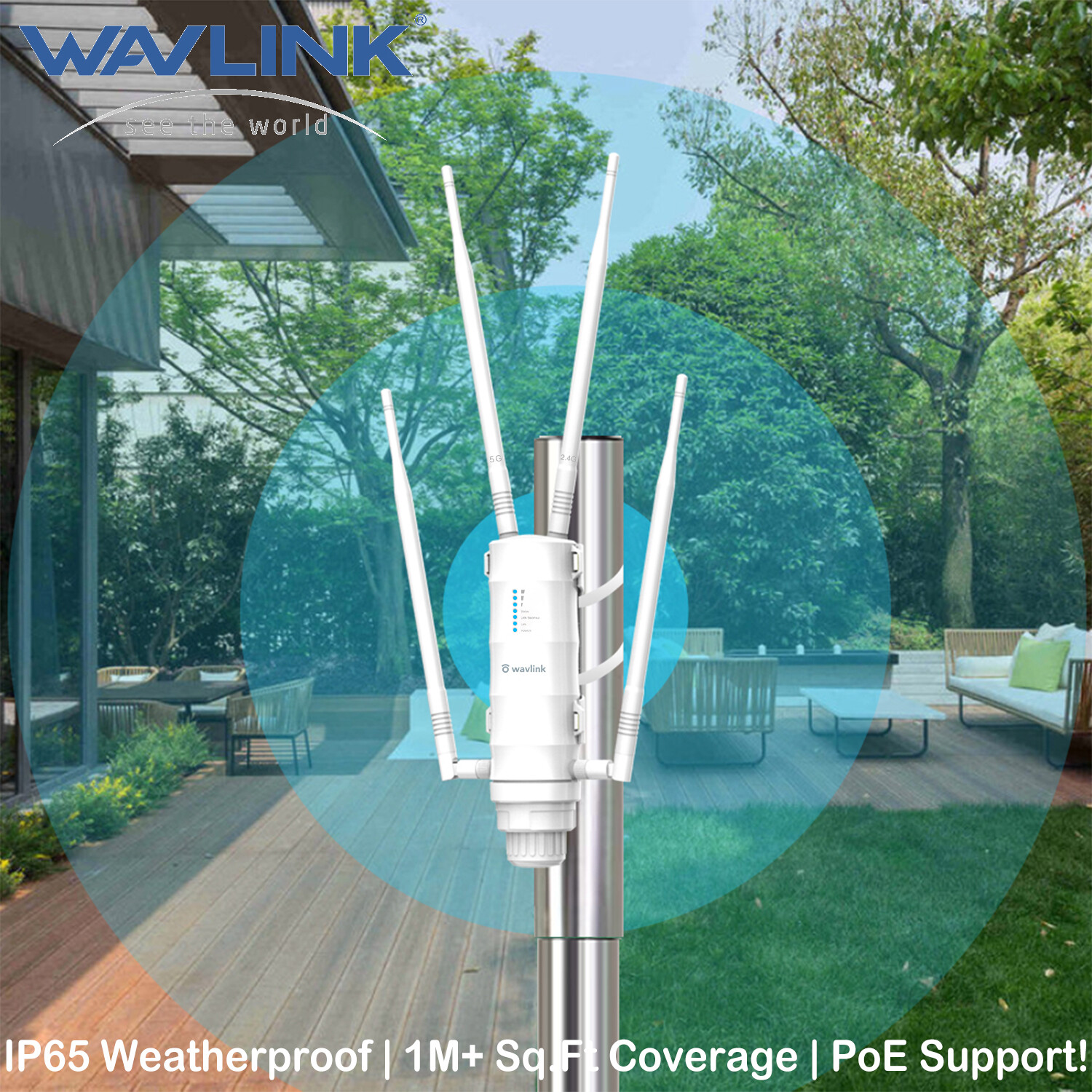 WAVLINK AC1200 Outdoor WiFi Extender IP65 4x7dBi Antennas PoE Mesh for 1M+Sq.Ft