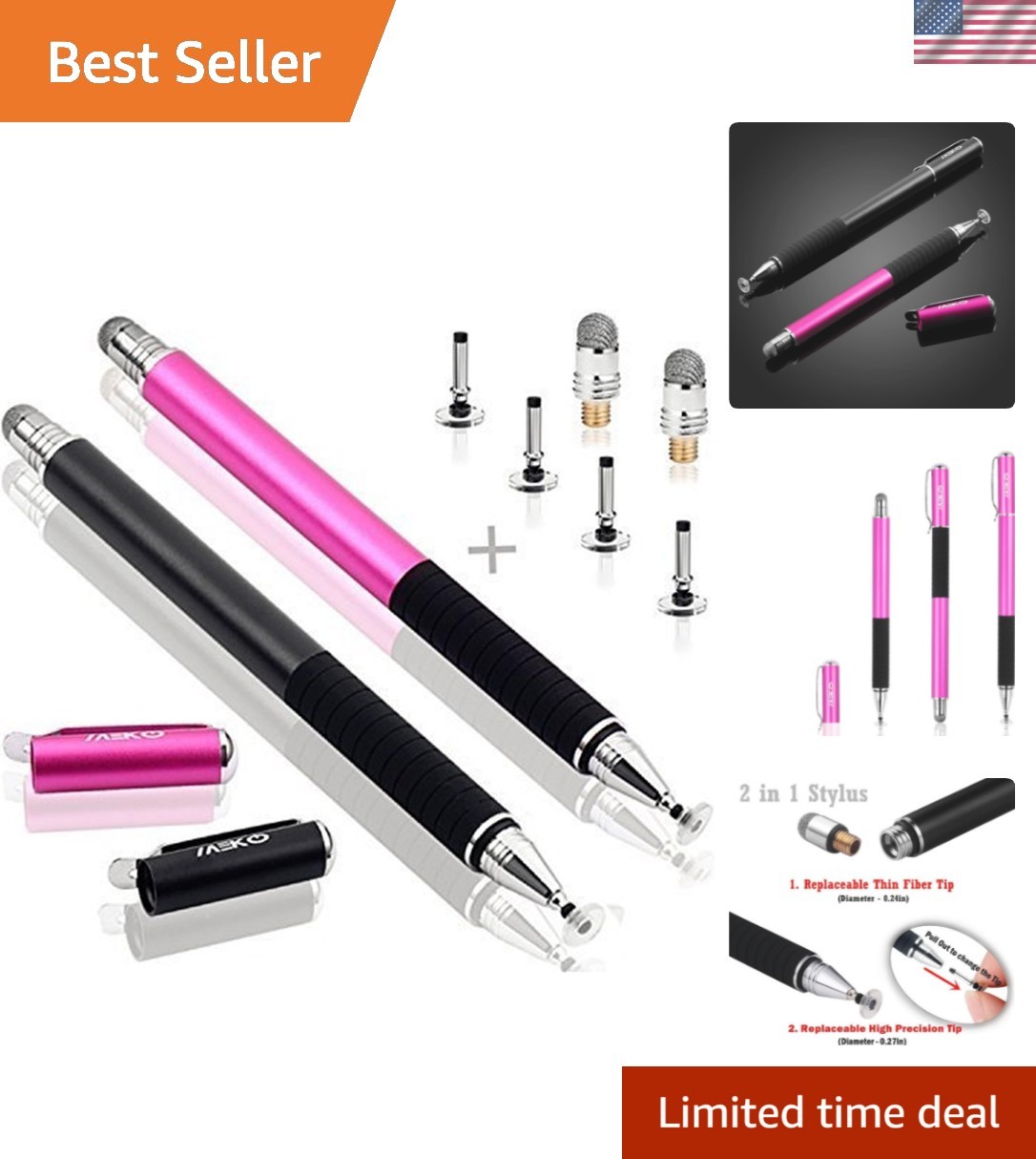 Black/Pink 2-Piece Precision Stylus Set for Enhanced Touch Screen Experiences