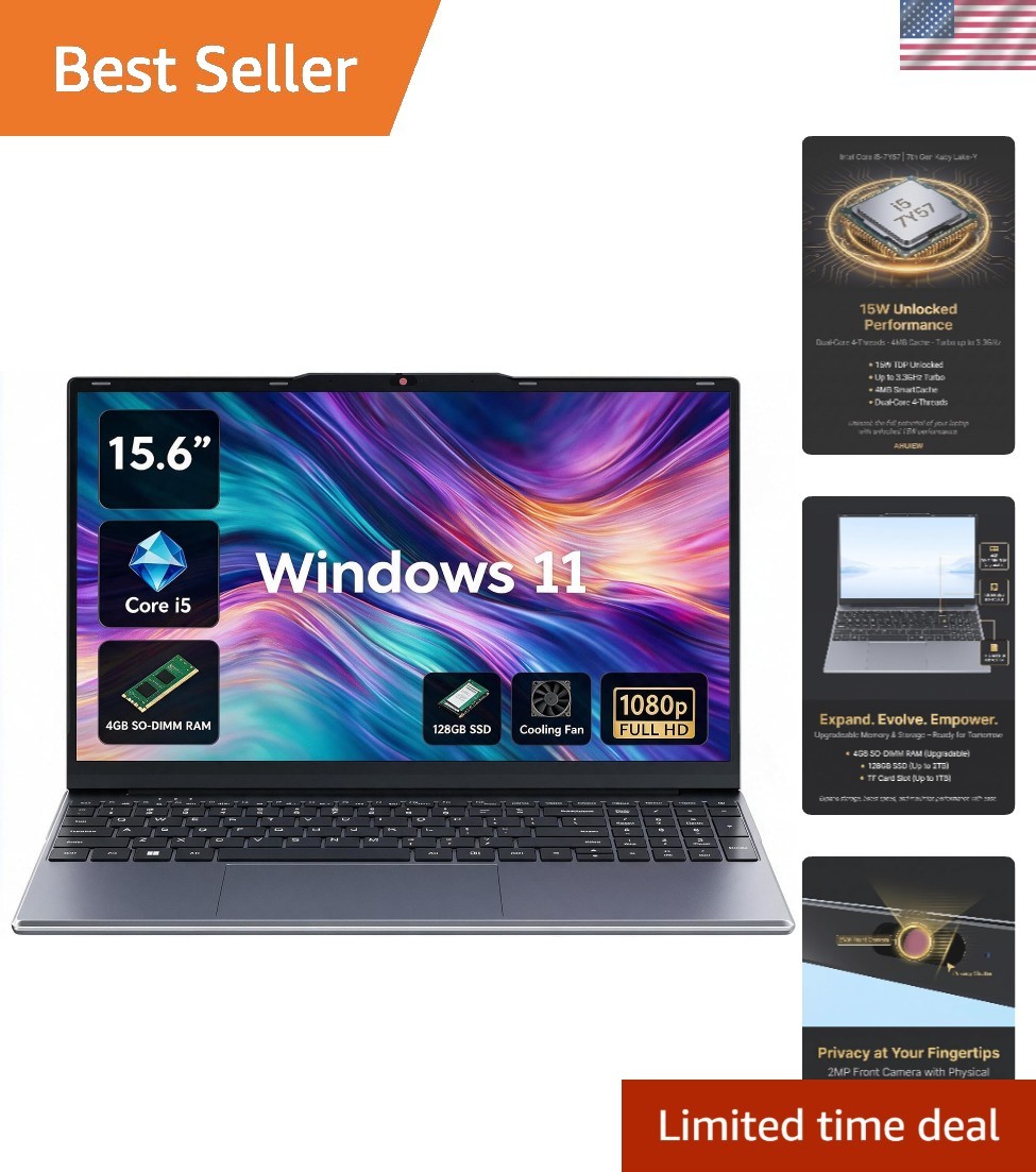 High-Performance 15.6" Laptop - Core i5, 4GB RAM, 128GB SSD + Expandable Storage