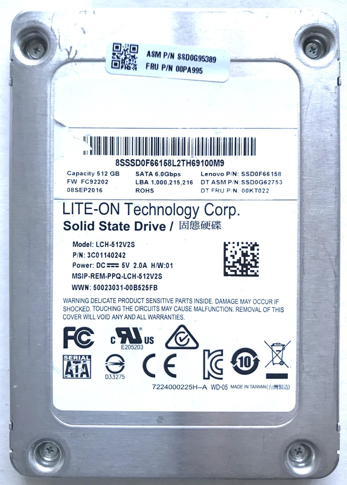 LITE-ON 512GB 2.5" SATA 6Gb/s Solid State Drive SSD LCH-512V2S PN 3C01140242
