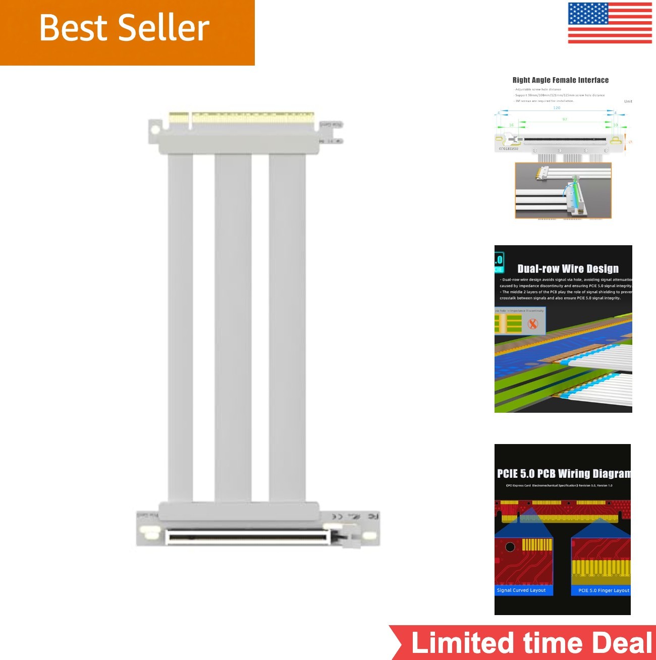 PCIe 5.0 x16 Riser Cable 200mm 90 Degree Right Angle White for Vertical GPU