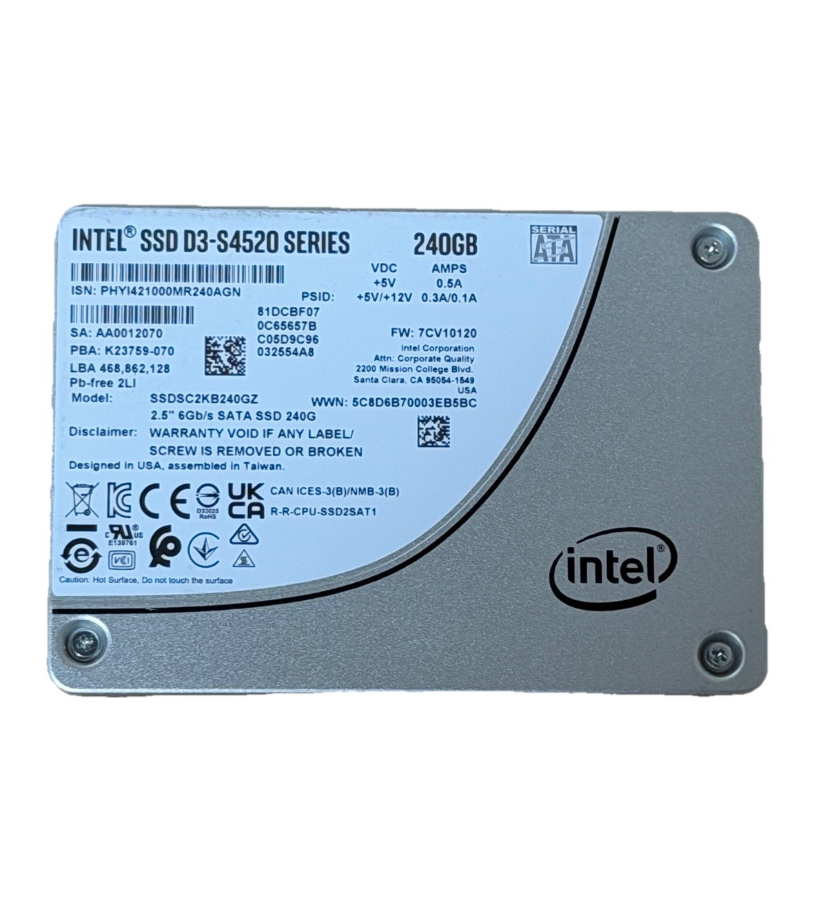 Intel D3-S4520 240 GB SSDSC2KB240GZ 2.5” 6Gb/s Sata Solid State Drive