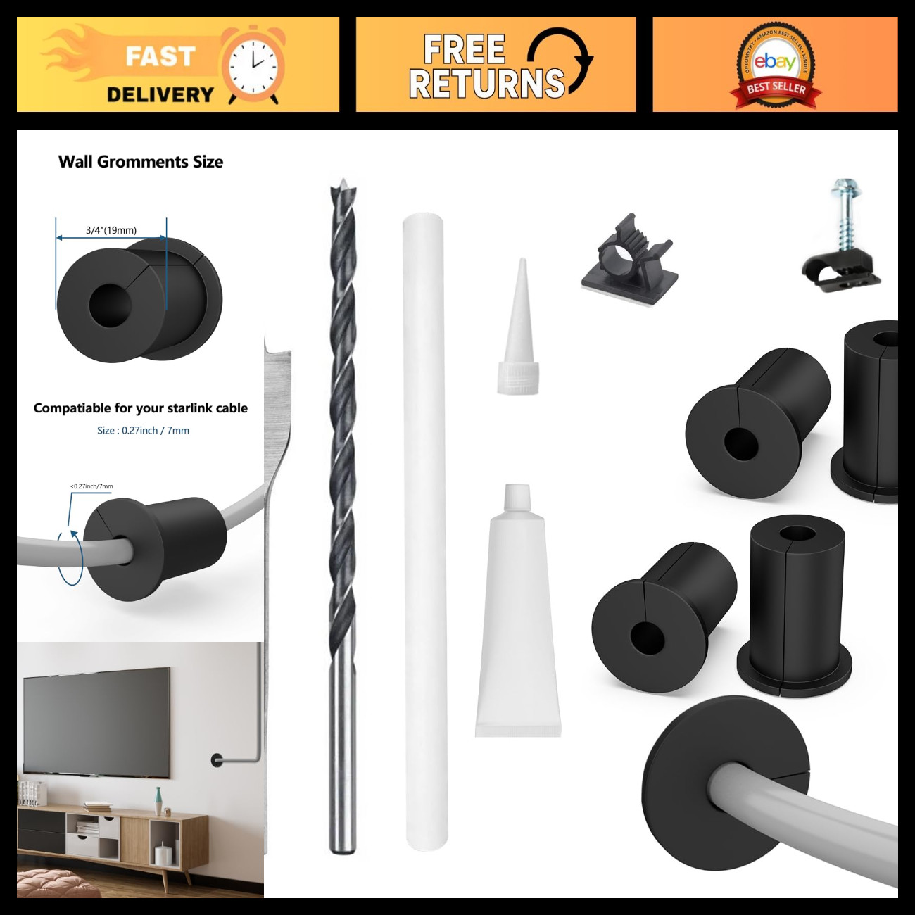 Cable Routing Kit for 3/4" Wall Hole, 4 Grommets, Drill Bit & Clips - Easy Insta