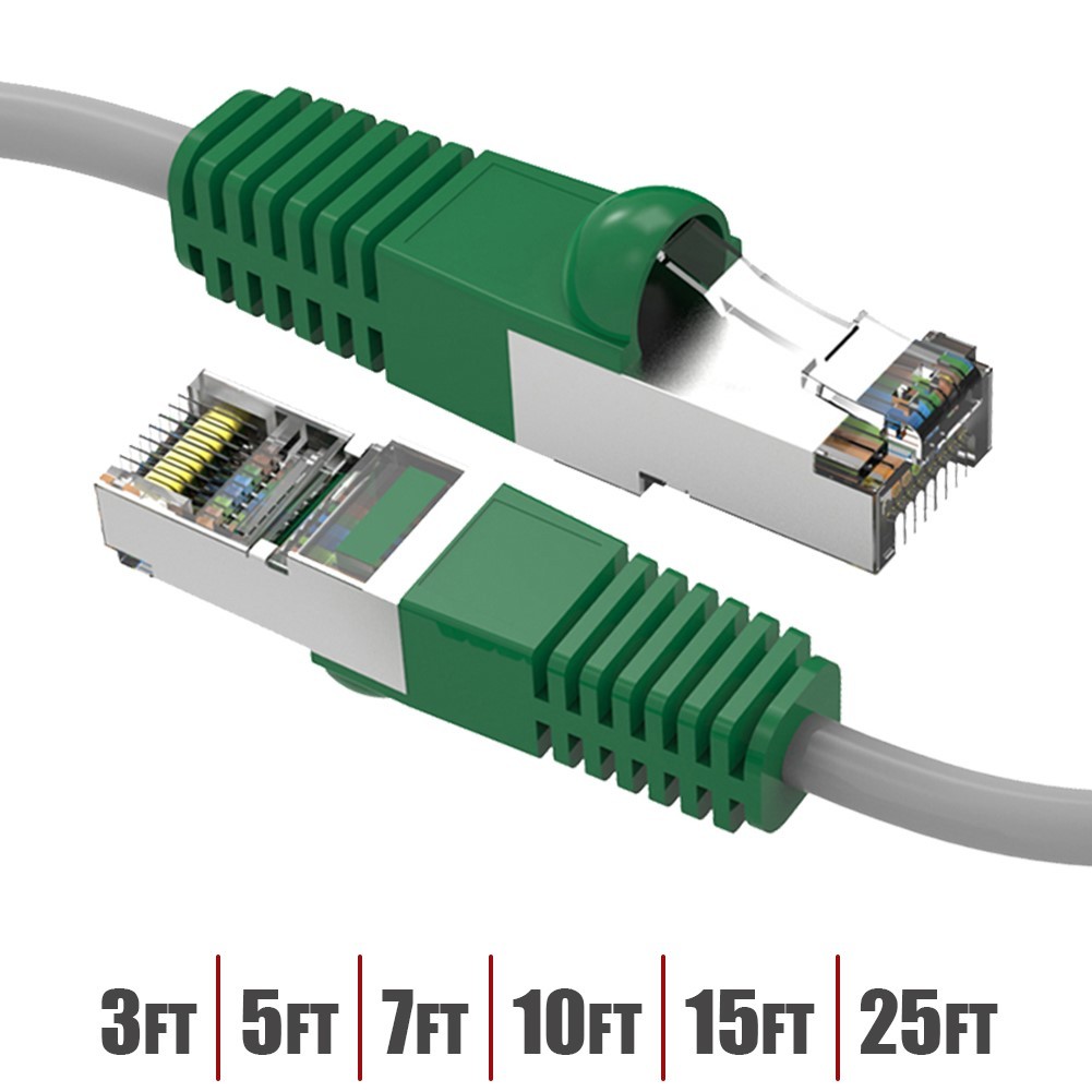3-25FT Cat6 RJ45 Network Ethernet Shielded Crossover Cable Gray Wire Green Boot